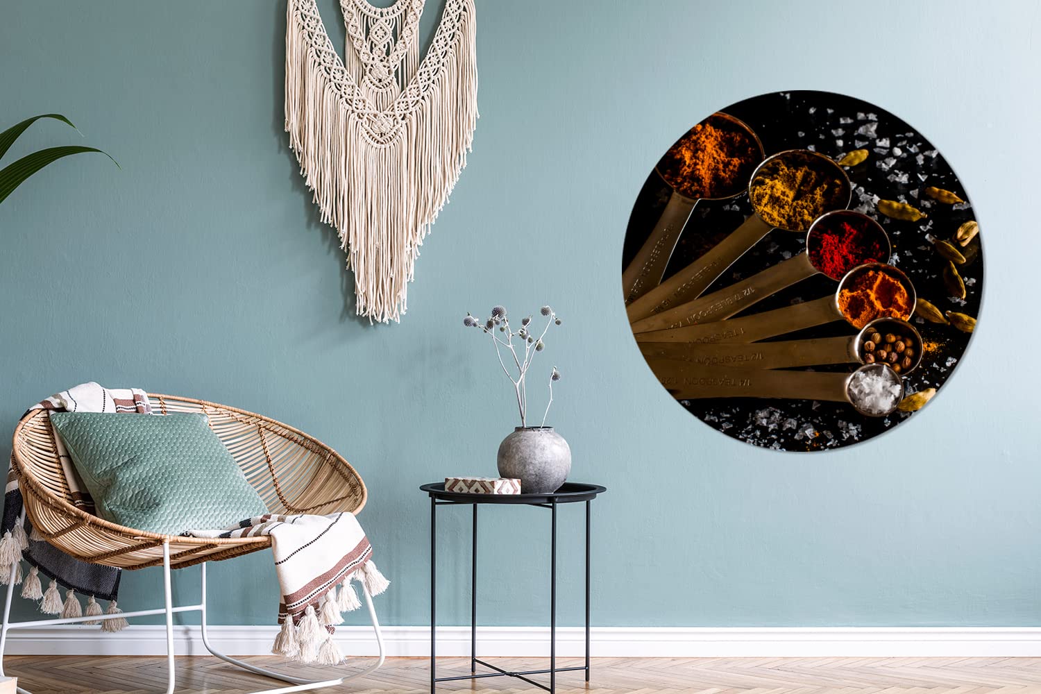 MuchoWow Wandbild Rund Wanddeko Deko Wohnzimmer Bilder 90x90 cm Gewürze - Löffel - Salz - Gewürze - Schwarz