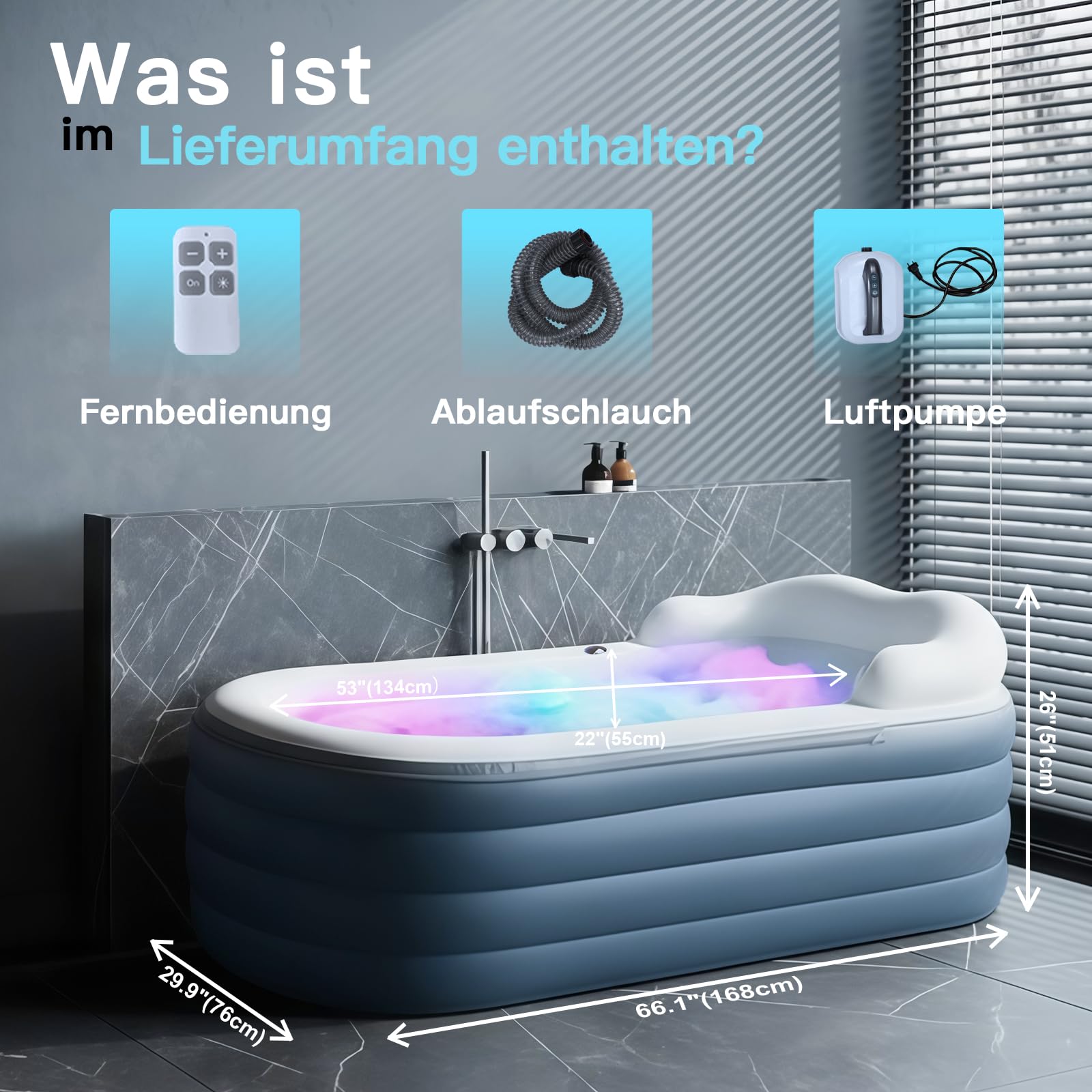 Vasca da bagno gonfiabile per adulti con materassino a bolle d'aria, vasca idromassaggio portatile con romantiche luci LED, dotata di cuscino, schienale e braccioli (pompa inclusa)