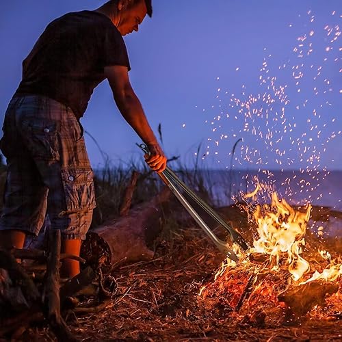 Miniatura 4 de Pinzas para hoguera de 32 pulgadas súper largas para cargar madera, barbacoa con mango de acacia de lujo extendido para hogueras, anillos de fuego,