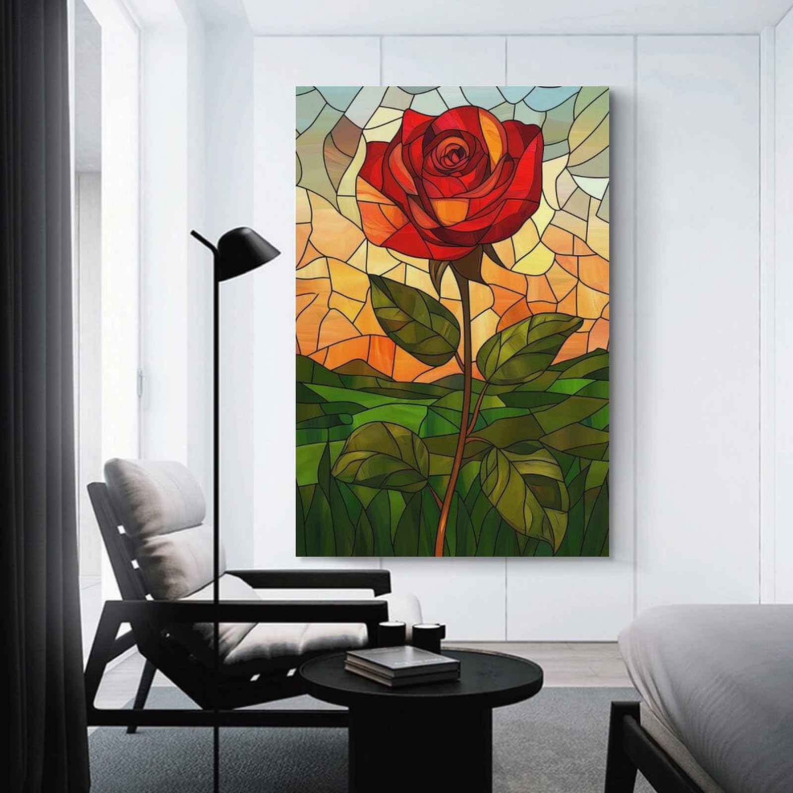 Junmoney Stained Glass Rose Canvas Wall Art, 24x36inch(60x90cm), for Bedroom Decor, Cosy Corners Or Studios, Stylish Decor for A Restful Room Update