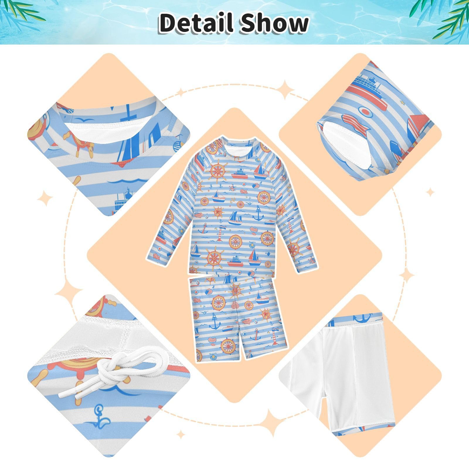 Blue Sea Anchors Stripe Ochrona UV Chłopięcy Strój Kąpielowy 2-częściowy Zestaw Stroju Z Długim Rękawem Chłopięcy Strój Kąpielowy 3-10