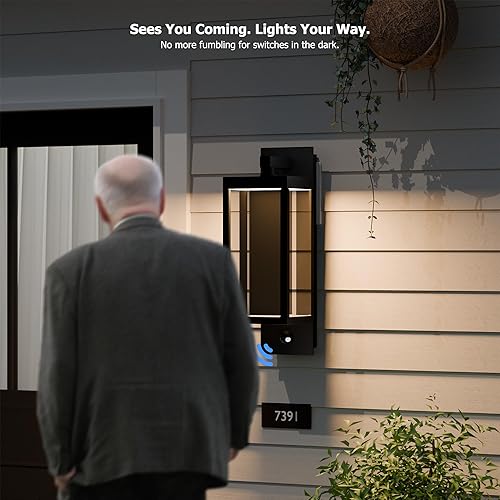 Miniatura 5 de Lámpara de pared para exteriores, con sensor de movimiento, luz de porche para casa, lámpara LED moderna de 15 pulgadas, color negro, linterna
