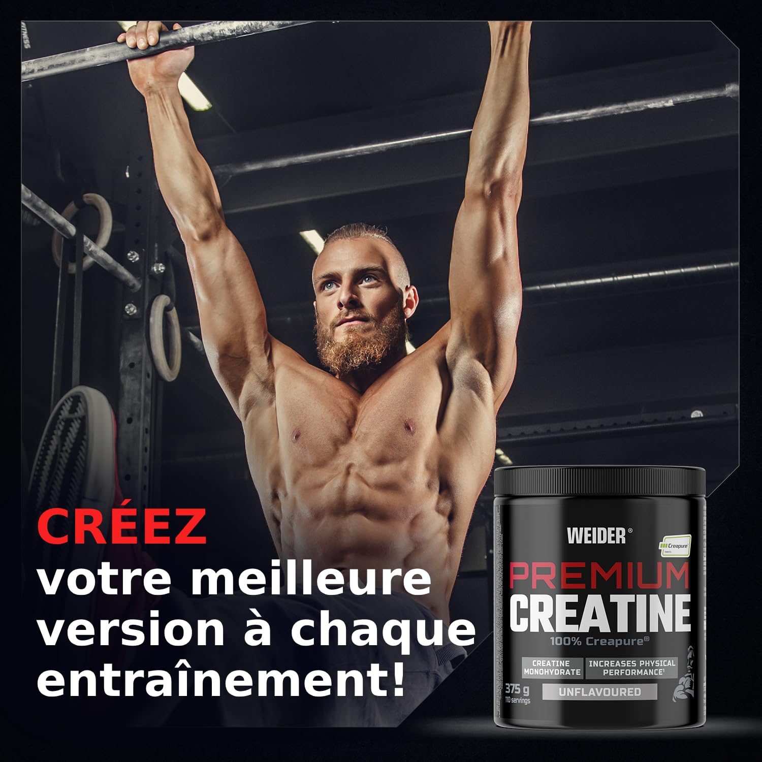 Weider Premium Creatine (375g) Goût Neutre. 100% Monohydrate de Créatine Creapure, Sans Sucre, Vegan, Augmente la Performance Physique (110 portions)