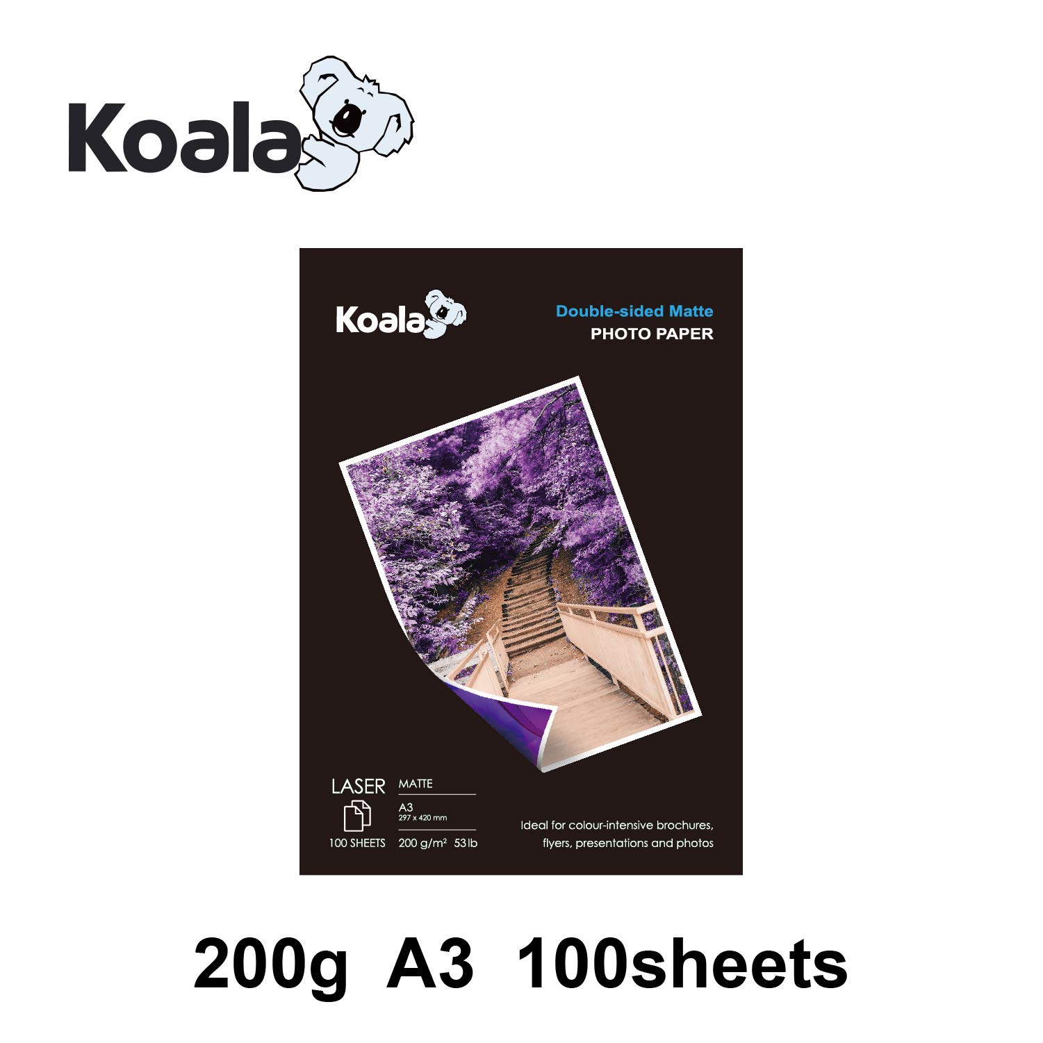 KOALA Papier Photo Double Face Mat pour imprimante LASER, A3, 200 g/m², 100 feuilles. Convient pour l'impression de Photos, Brochures, Certificats, Livrets, Flyers, Dépliants, Calendriers, Cartes