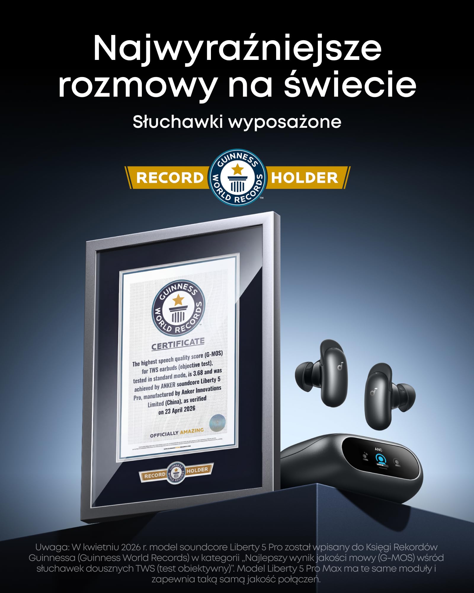 Słuchawki soundcore Liberty 5 Pro Anker, chip Anker Thus™ AI, wyraźne rozmowy nawet szeptem, redukcja szumów, czas odtwarzania 6,5 godz./28 godz., 5 min. = 4 odtwarzania, ładowanie bezprzewodowe