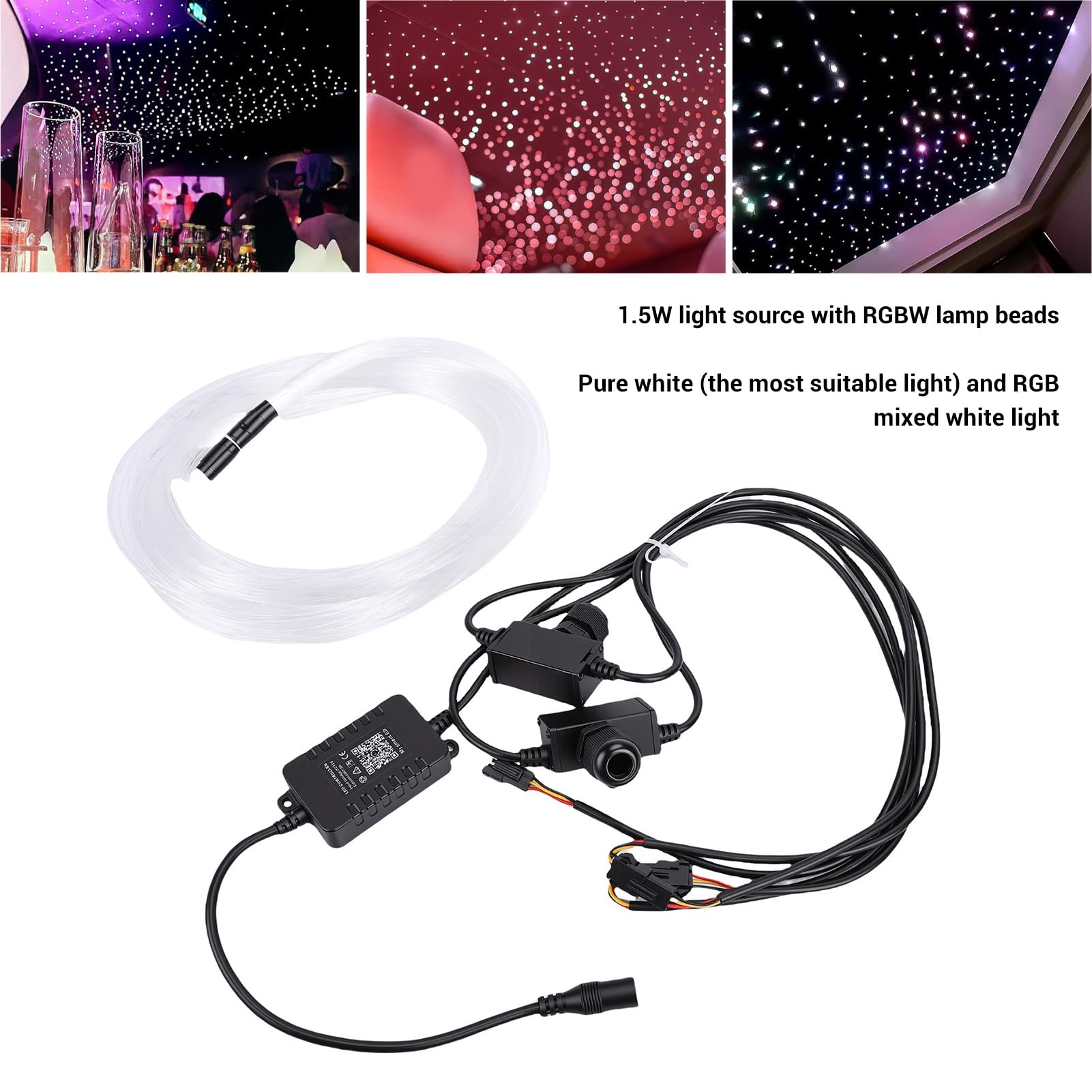 Luocute Luce a Fibra Ottica, Kit Luci LED RGBW da 1,5 W con 100 Fili PMMA da 0,75 Mm 2 M, Telecomando APP BT per Soffitto di Casa Auto, Cavo in Fibra Ottica Ponticello Cavo Patch