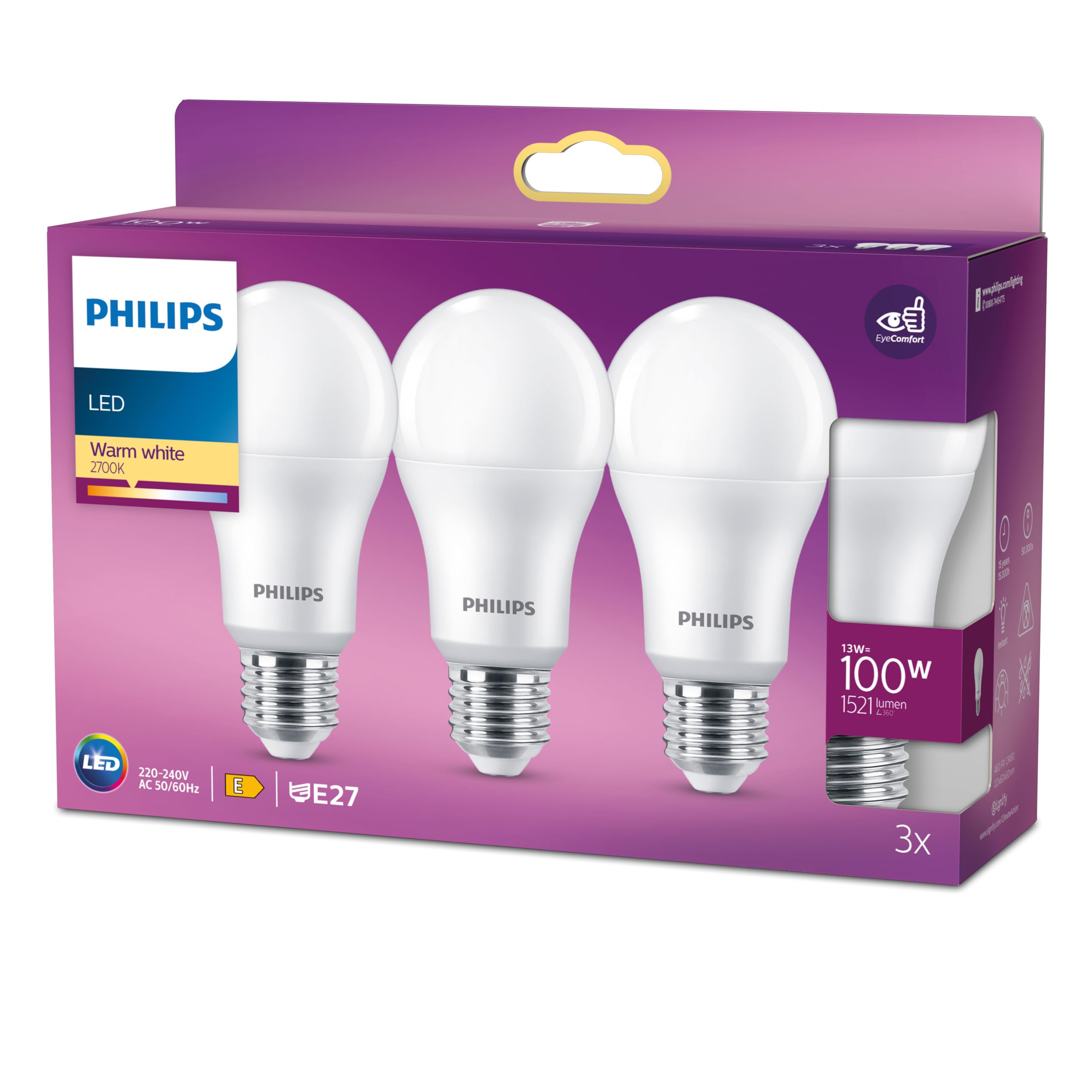 Philips LED Bulb 100W A60 E27 x3 2700K 1521lm 15000h, Matt