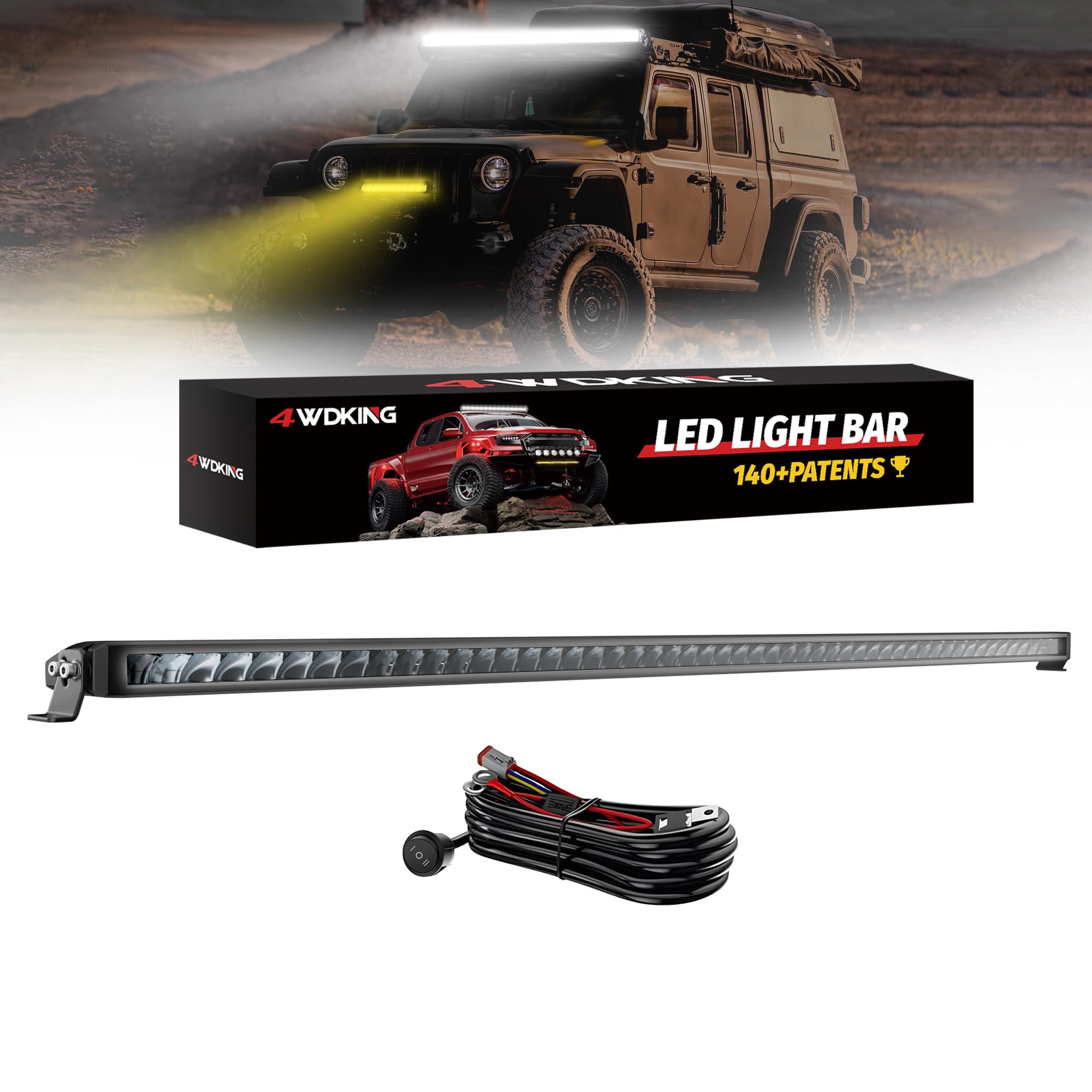 4wdking 52inch dual-color slim led light bar, 180w spot flood combo beam with wiring harness kit, screwless design, ip68&ip69k waterproof, off road driving lamp fog lights for truck pickup atv utv suv