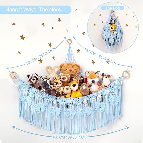 Vista 28 de ANROYE Hamaca de red de juguetes de peluche de macramé con luz de estrella, pequeños peluches bohemios, almacenamiento para guardería, organizador