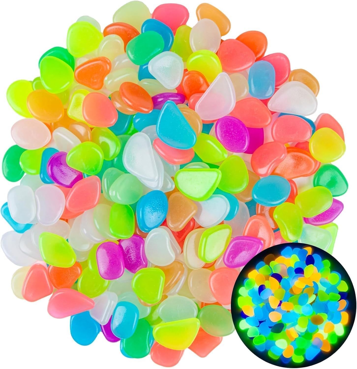 300pcs Glow in The Dark Stone Rocks. Luminous Pebbles for Garden, Aquarium, Fish Tank, Pathway, Walkway, Lawn & DIY Decor. Waterproof Multicolor Resin Glow Stones for Vase Fillers, Patio, Fairy Garden-picture-19