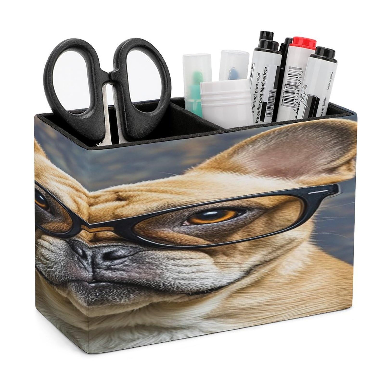 LZQPOEAS French Bulldog Wearing Sunglasses Leather Pen Holder with 2 Compartments Luxury Pencil Holder Minimalist Pencil Cup Brush Scissor Holders Elegant Pen Cup for Office Home Desk Accessories