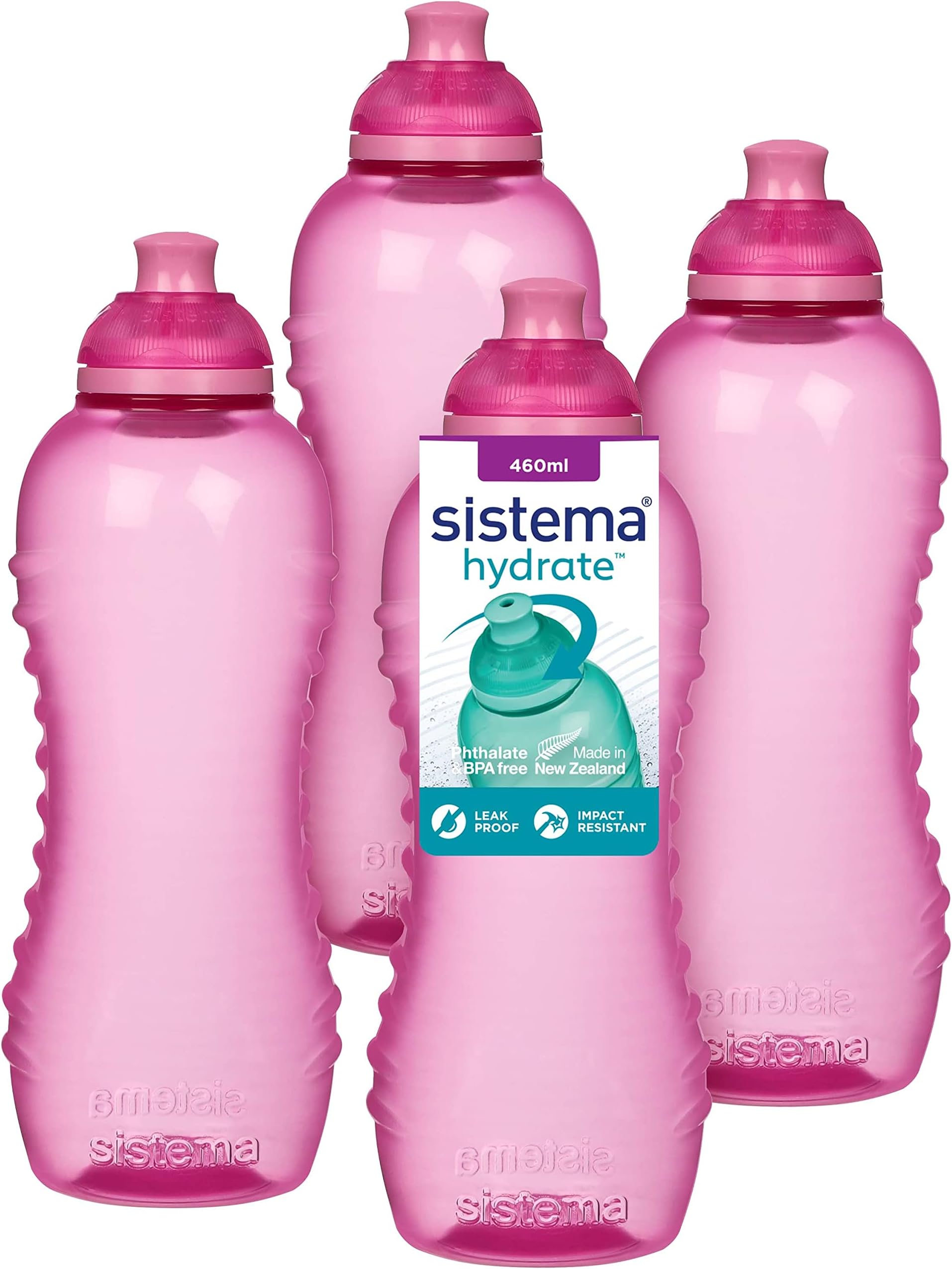 Squeeze Twist 'n' Sip Sports Water Bottles | 460 ml | Leakproof Kids Water Bottles | BPA-Free | Pink | 4 Count