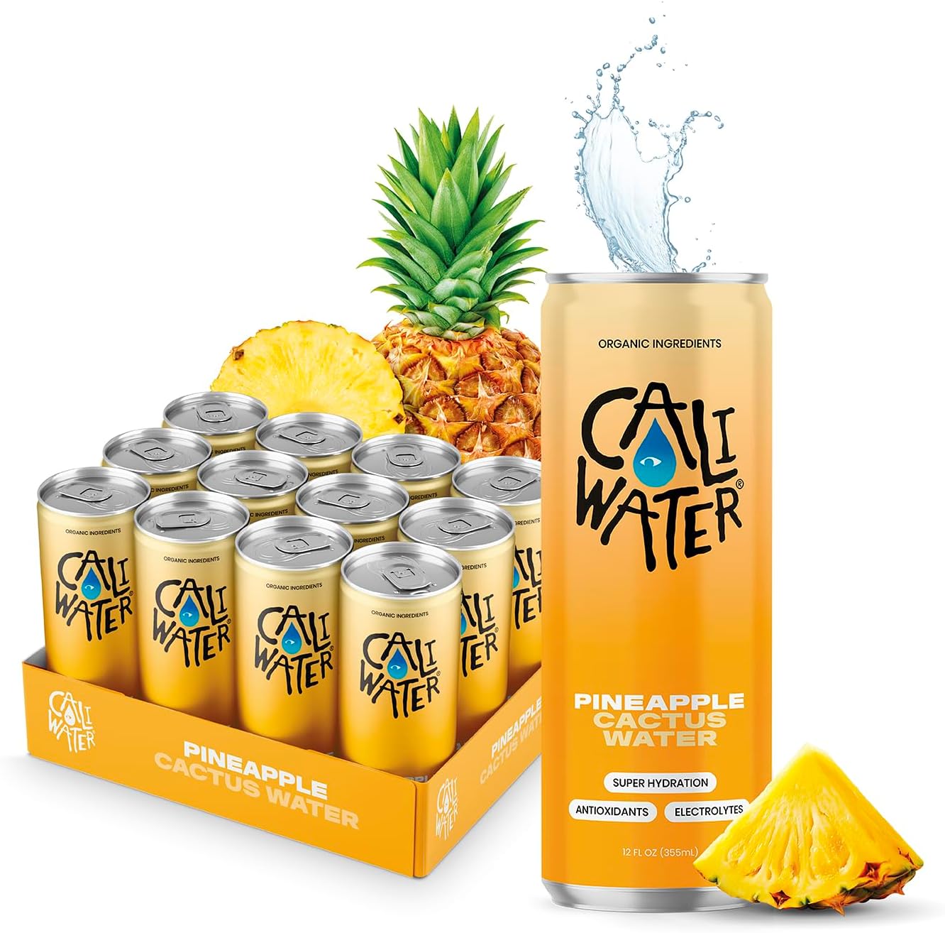 Caliwater - Organic Cactus Water - Pineapple - 5g Sugar, 35 Calories - Coconut Water Alternative - Natural Plant Based Hydration - Skin Care, Electrolyte Drinks - Flavored Water Beverages - 12 Cans