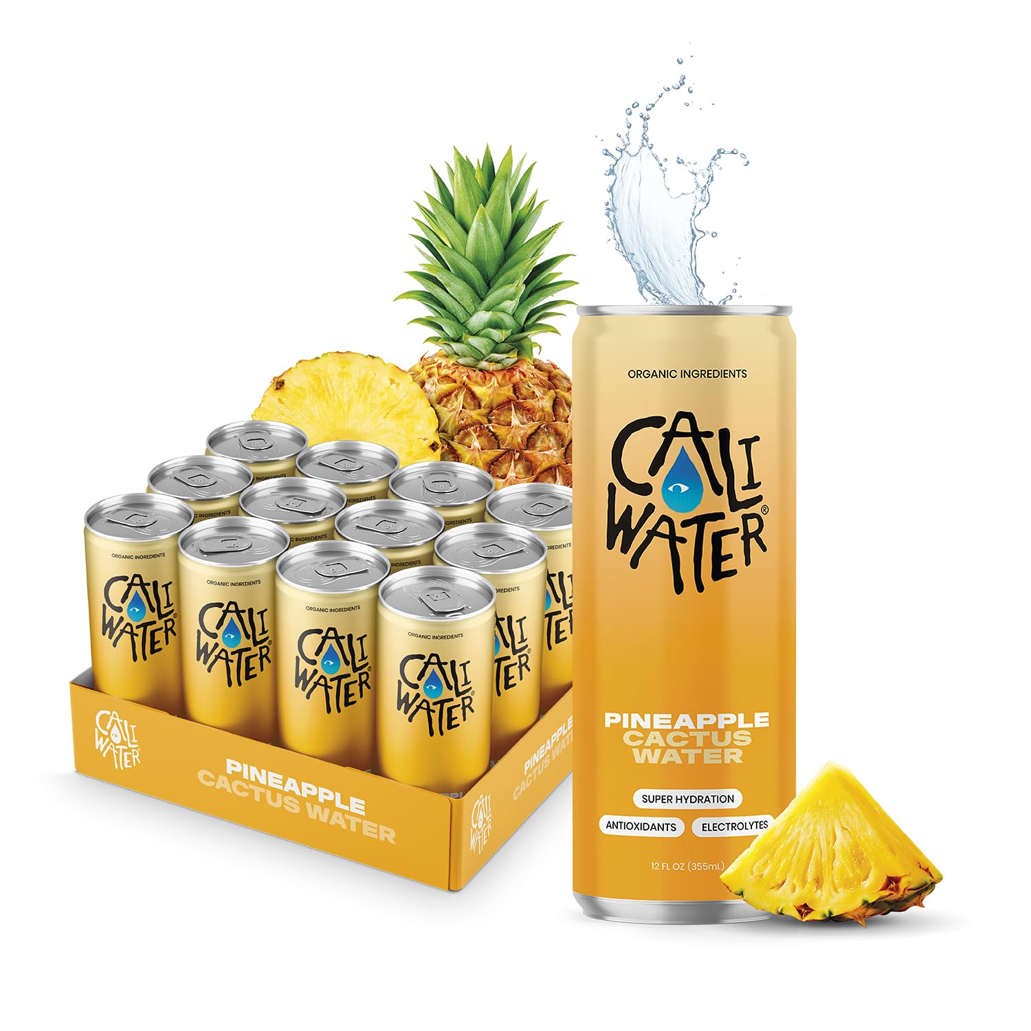 Caliwater - Organic Cactus Water - Pineapple - 5g Sugar, 35 Calories - Coconut Water Alternative - Natural Plant Based Hydration - Skin Care, Electrolyte Drinks - Flavored Water Beverages - 12 Cans