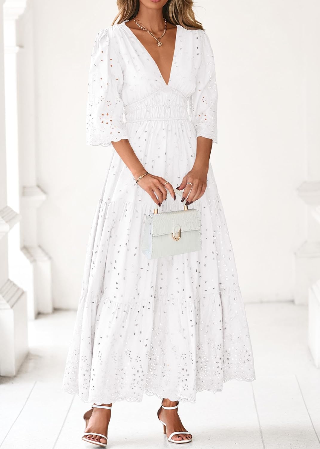 Lazysmile Long Sleeve Dresses For Women V Neck Hollow Out Eyelet Ruffle Swing A-Line Fall Vacation Boho Maxi Dress - Image 3