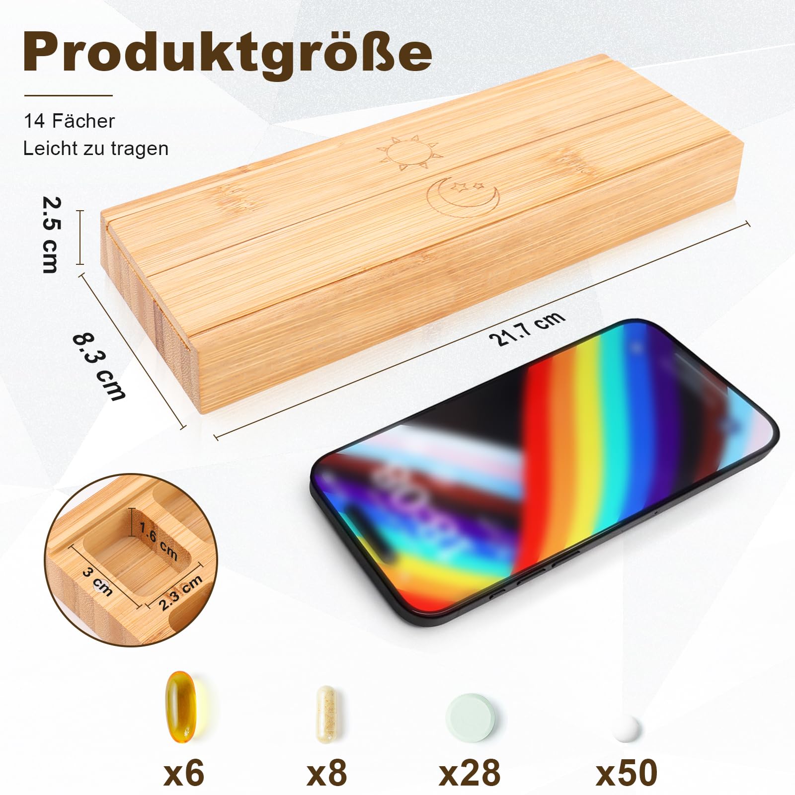 Bambusowy dozownik na leki, 7 przegródek z magnetyczną pokrywką, pudełko na tabletki, 7 dni rano i wieczorem, drewniane pudełko na tabletki, 7 dni, pudełko na suplementy, estetyczne pudełko na