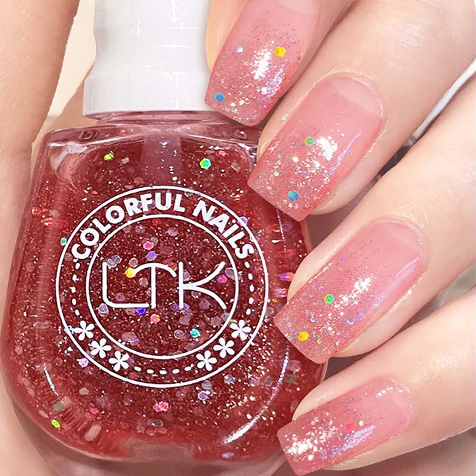 Glitter Nail Polish - Pink Shimmery Nail Polish - Nude Glitter Pink Translucent Jelly Style - Summer Color Natural Quick Dry Nail Varnish - Long Lasting No Need UV Lamp Nail Art