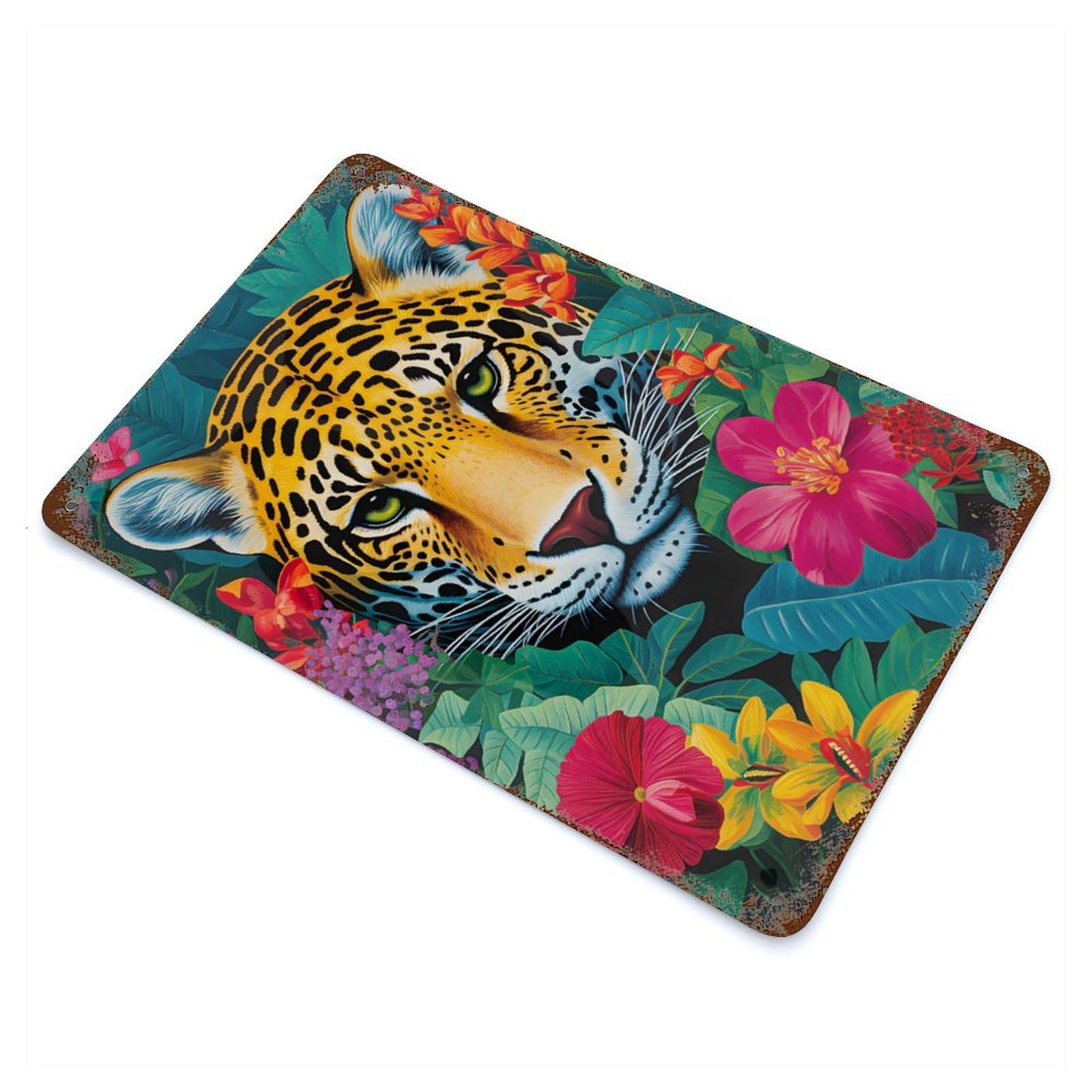 Jaguar Tropical Bloom Rust Effect Tin Sign 11.8"x7.9", for Bistro, Counter And Cafe Decor, Decorative Metal Wall Art