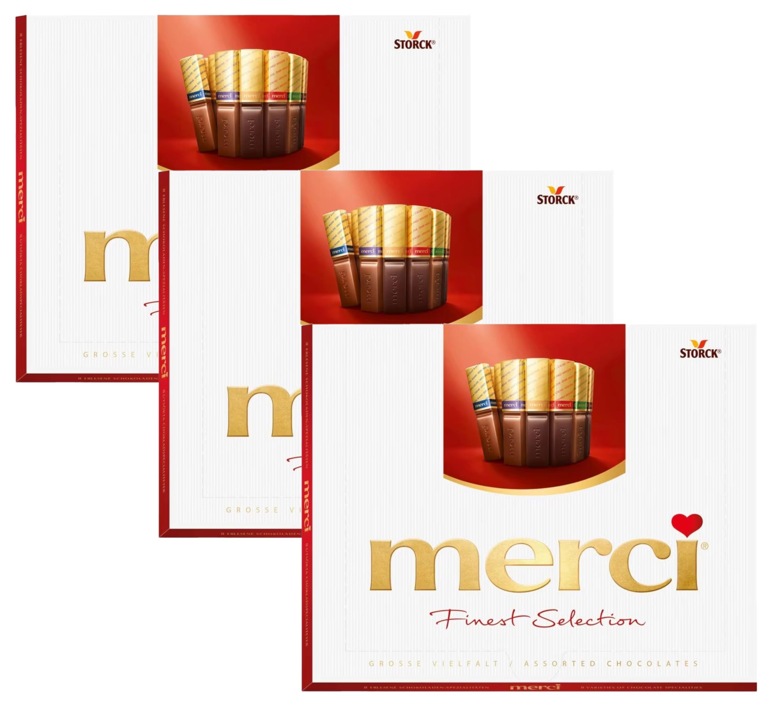 Merci Finest Milk & Dark Chocolate Box (package may vary), 8 Varieties for Gift Giving, Individual Gold Wrapped Bars, Suitable for Vegetarians, Gluten-Free, 250g (Pack of 3)