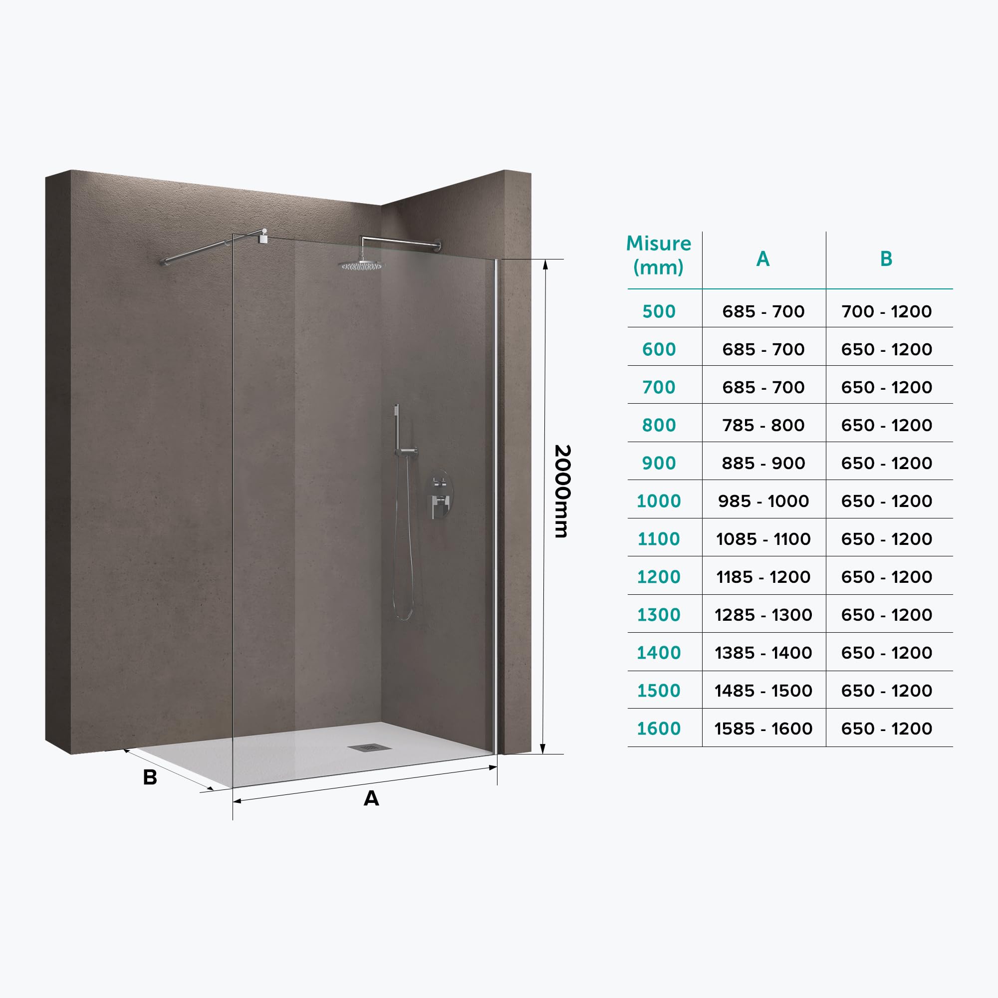 doporro Parete Doccia Walk-In 70x200 cm Senza Porta con Barra Telescopica