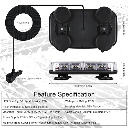 Miniatura 8 de LINKITOM Barra de luz estroboscópica de 36 LED, luz de advertencia de 3 colores con 13 patrones, base magnética súper fuerte e impermeable IP66 para