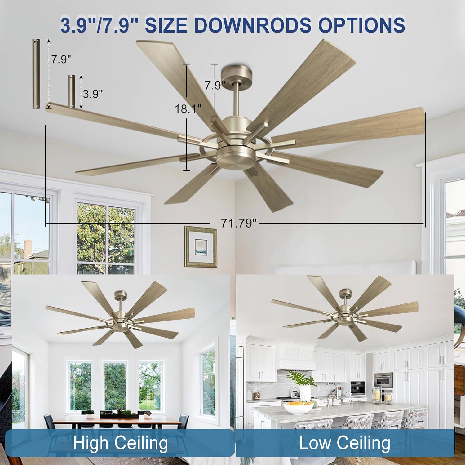 Depuley Ceiling Fan Without Light: 72 Inch Big Indoor Outdoor Fan with Remote APP Control - Large Farmhouse Wood Ceiling Fan no Light 8 Blade Reversible Quiet DC Motor Memory Function Timer