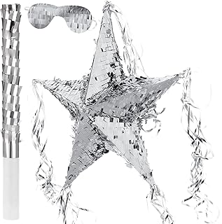 Foil Star Pinata with Blindfold and Bat for Kids Birthday Star Shape Foldable Pinata with Pinata Stick Festive Star Pinata Foil Star Fiesta Party Supplies Favors for Mexican Party Baby Shower (Silver)