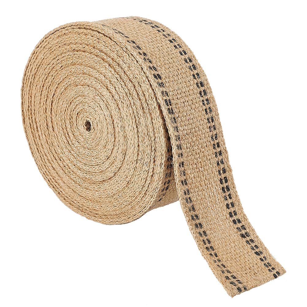 BENECREAT 11 Yards Jute Webbing Tape Roll, Natural Jute Burlap Webbing Ribbon with Black Line, 50mm Wide Upholstery Webbing Jute for Sewing DIY Home Decoration Gift Wrapping, Tan