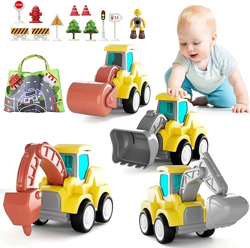 LOVE LIFE 16 PCS Toddlers Toy Cars Set for Baby with Playmat Pull Back Cars Toys Press and Go Truck Toys for 3 4 5 Years Play Vehicles Construction