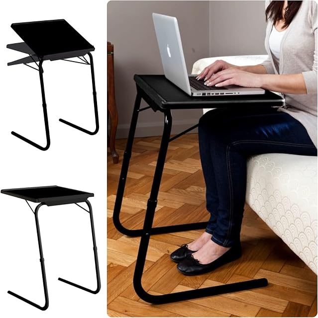 CHAUDHARY Portable Folding Table Mate Multipurpose TV Dinner Laptop Tray Adjustable Legs Home Office Study Sofa Bed Desk, Black, 50 x 40 x 60 cm