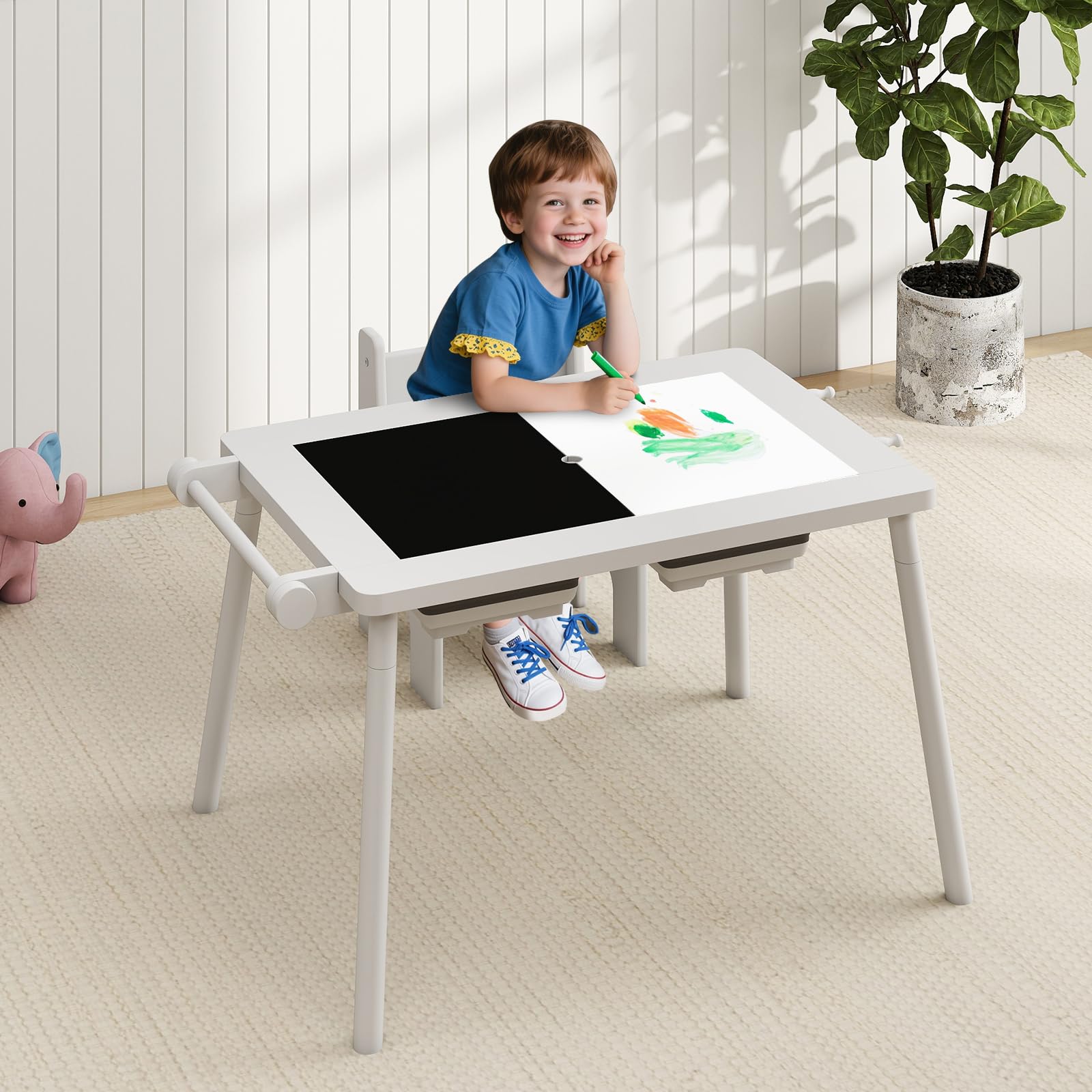 HONEY JOY Sensory Table and Chair Set, Wooden Sand & Water Activity Set w/Paper Roll, Blackboard & Whiteboard, Building Block Boards, Storage Bins, Kids Table for Boys Girls Aged 2-8 (White)