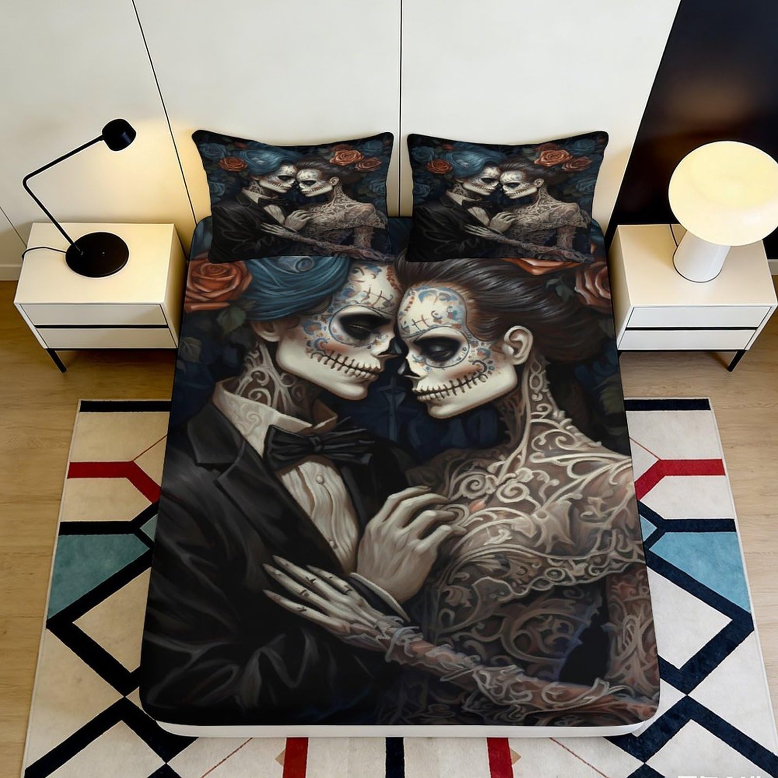 3D Printed Gothic Skull Couple Fitted Sheet Microfiber Soft Durable Tattoo Pattern Bed Cover for Bedroom Dormitory Guest Room Mattress Protection 90x200x25cm