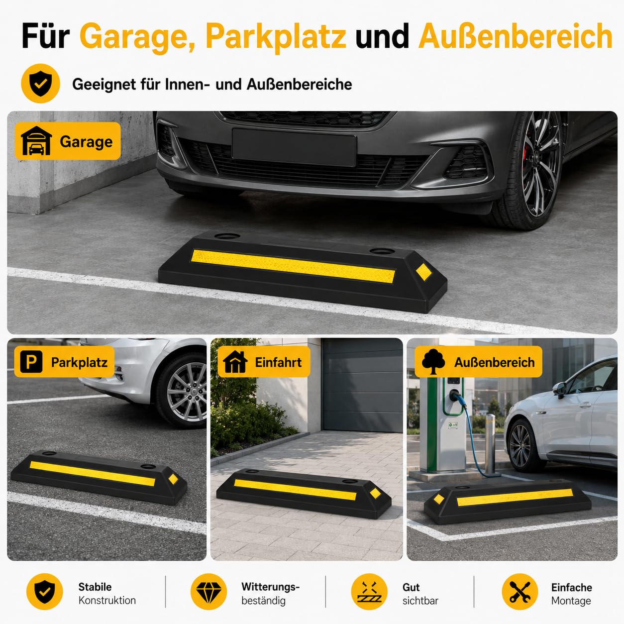 Fermaporta ruota in gomma, 54 x 15 x 9 cm, 2 x parcheggi in gomma, limitatore parcheggio con strisce riflettenti gialle e occhiali a vite, blocco parcheggio per garage parcheggio auto