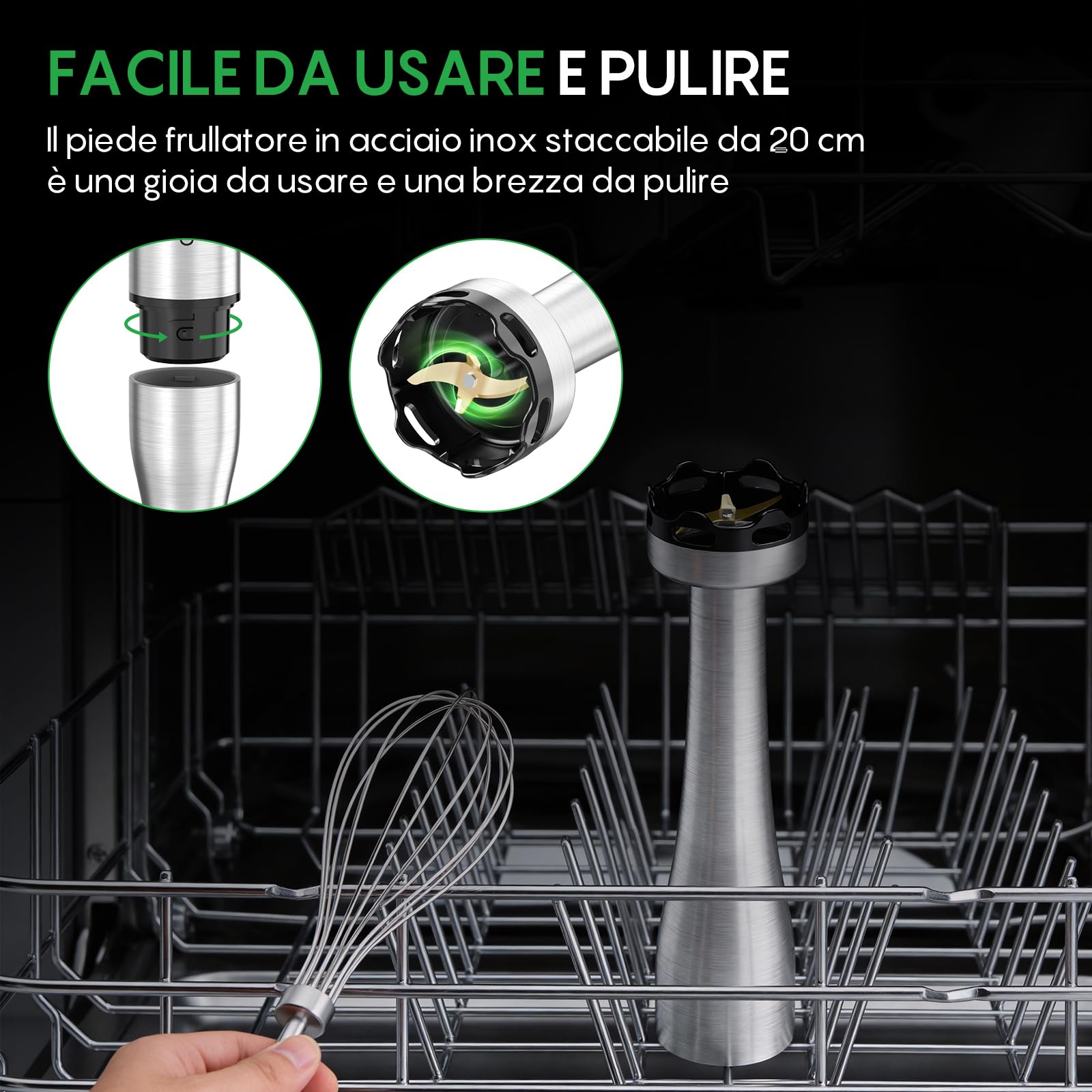 FRESKO Frullatore a Immersione 1000W, Velocità Regolabile, Frullatore in Acciaio Inox con Protezione per Pentole, 4 Accessori, Frullatore Manuale per Alimenti per Bambini, Zuppe, Smoothies
