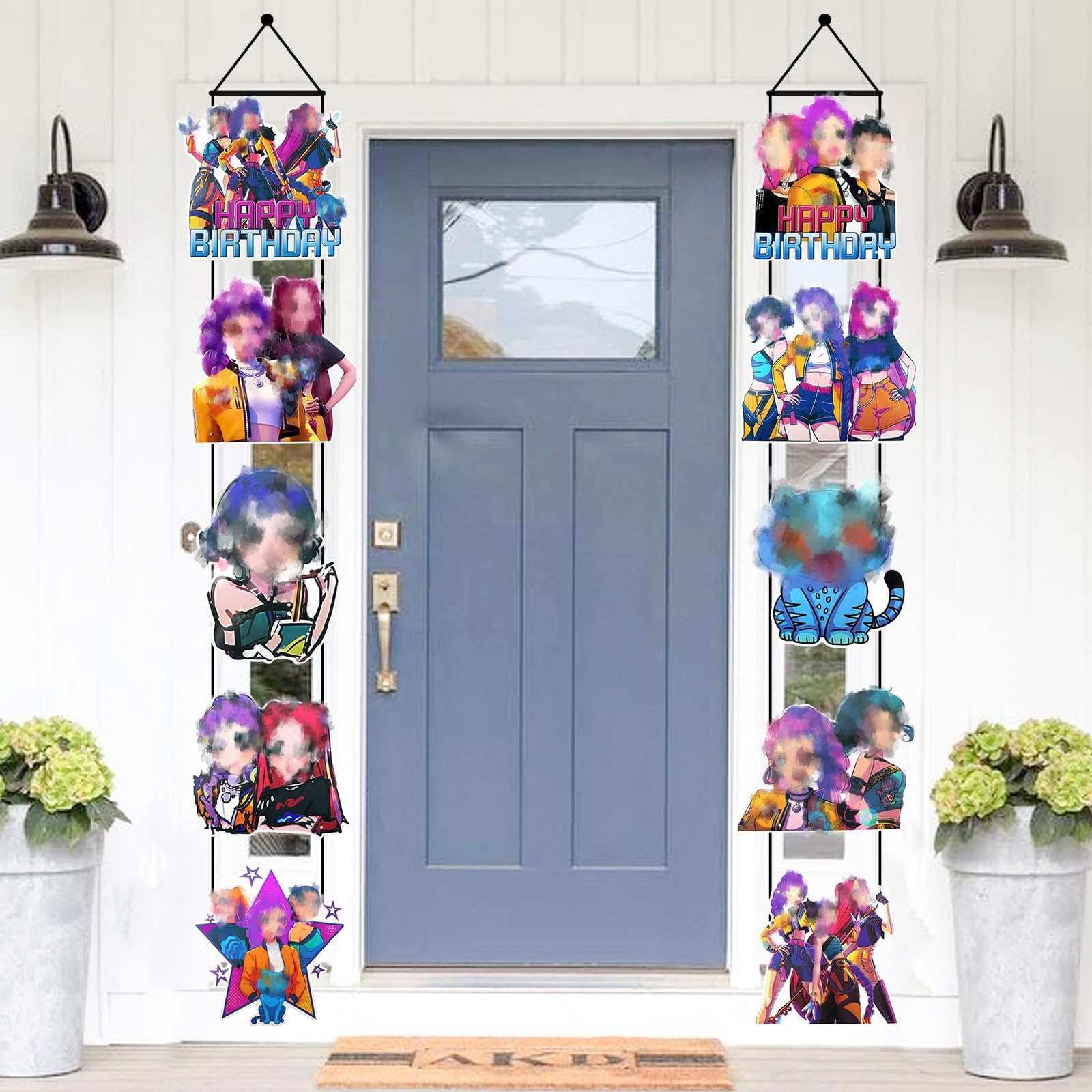 LMT Banner2 2Pcs Door Hanging Banner Festive Porch Decorations for Birthday Carnival Party 11.8x70.9Inch Vertical Anime Happy Birthdany with Hanging Poles & Ropes Indoor Outdoor Home Party Backdrop