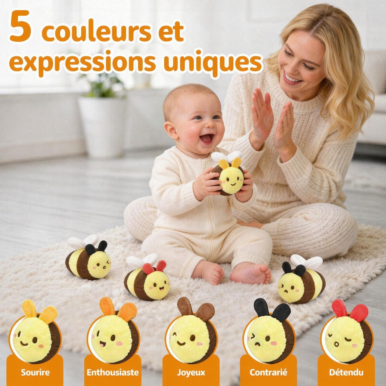 Jouet pour bébé de 6 à 12 mois, ruche avec 5 abeilles, jouet sensoriel Montessori avec musique, hochet, miroir, jeux éducatifs et jouets de motricité, cadeaux pour enfants de 1, 2, 3 ans