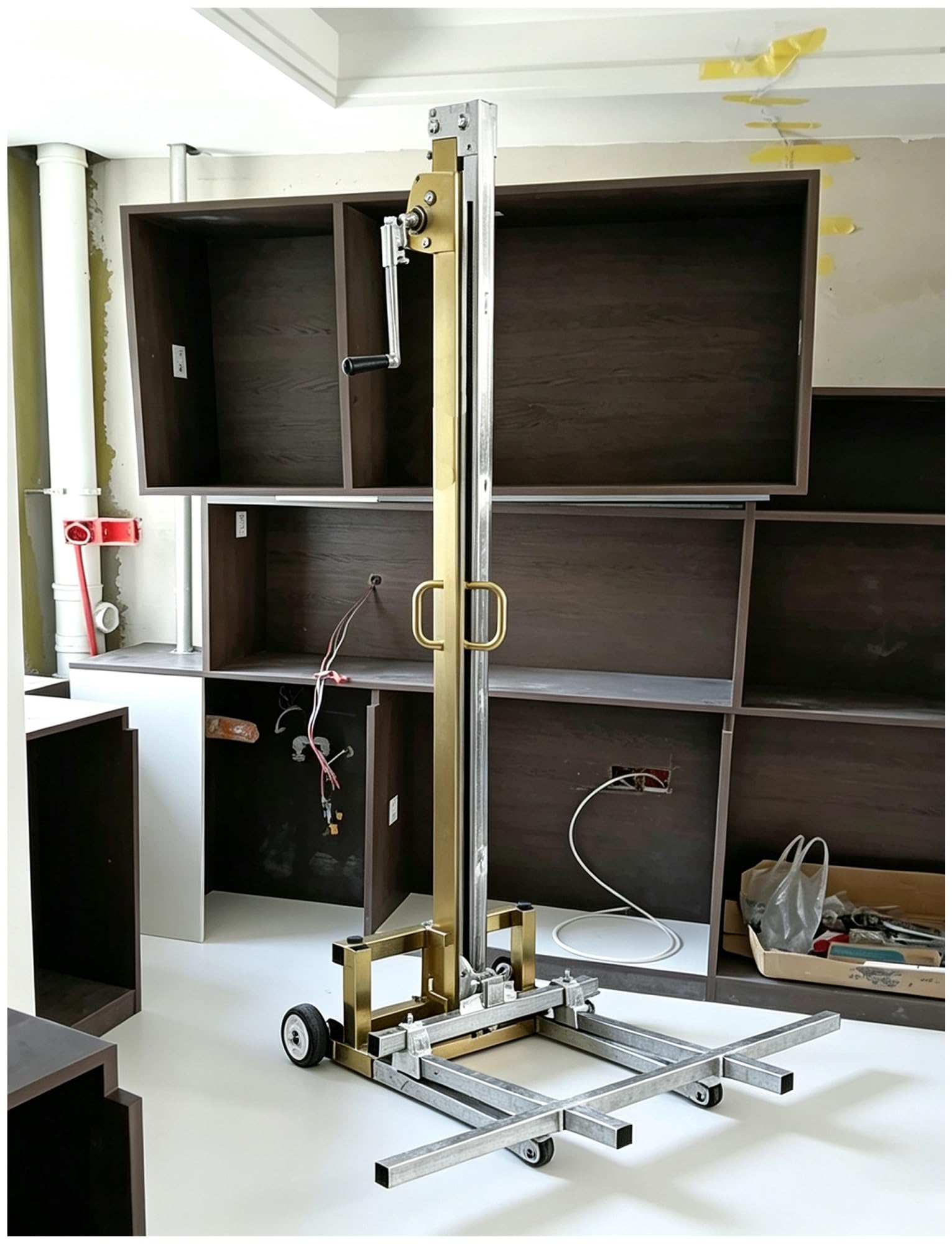Tragbarer Materialhebewagen, manueller Schrankheber mit Seilwinde für Lager | Ein-Mann-Bedienung von Hebegeräten for die Montage von Deckenschränken und Trockenbauplatten(C Two wheels 240 cm/7.87 ft)