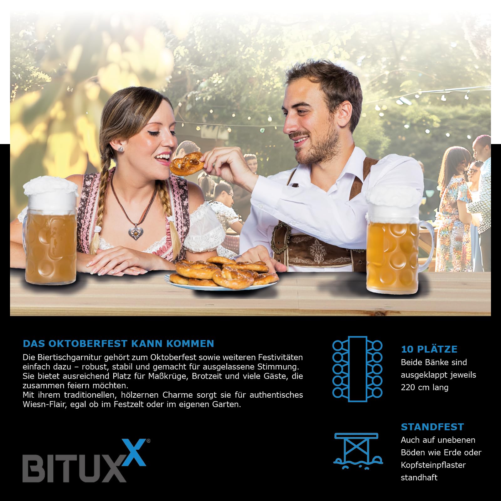 BITUXX Faltbare Bierzeltgarnitur Biertischgarnitur Bierbankgarnitur Festzeltgarnitur Biergartengarnitur Bierbank Biertisch Klappbar 1x Tisch 2X Bänke 216cm