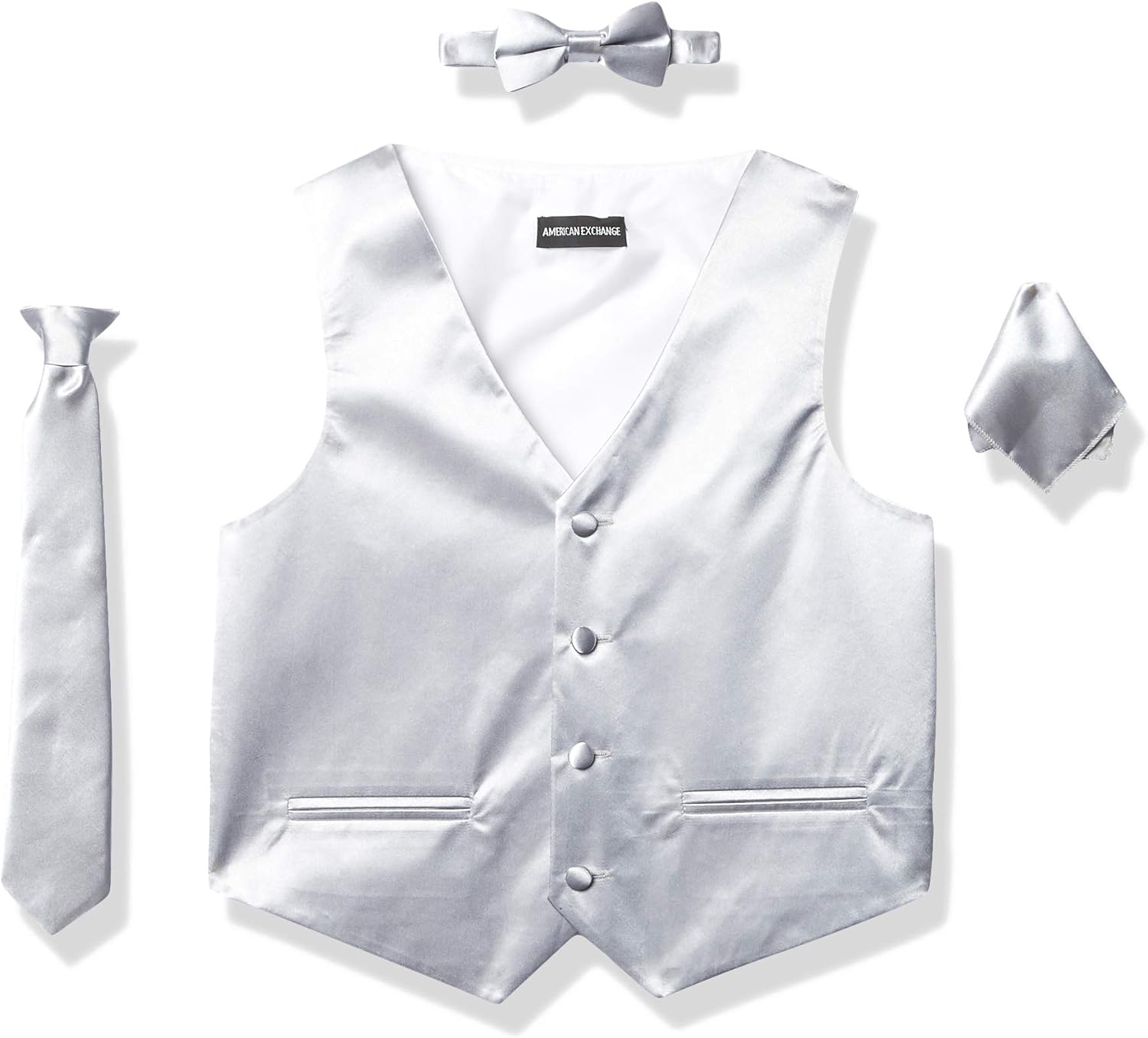 AXNY mens 4 Piece Formal Vest Set Combo With Tuxedo Vest, Tie, Bow Tie, and Handkerchief