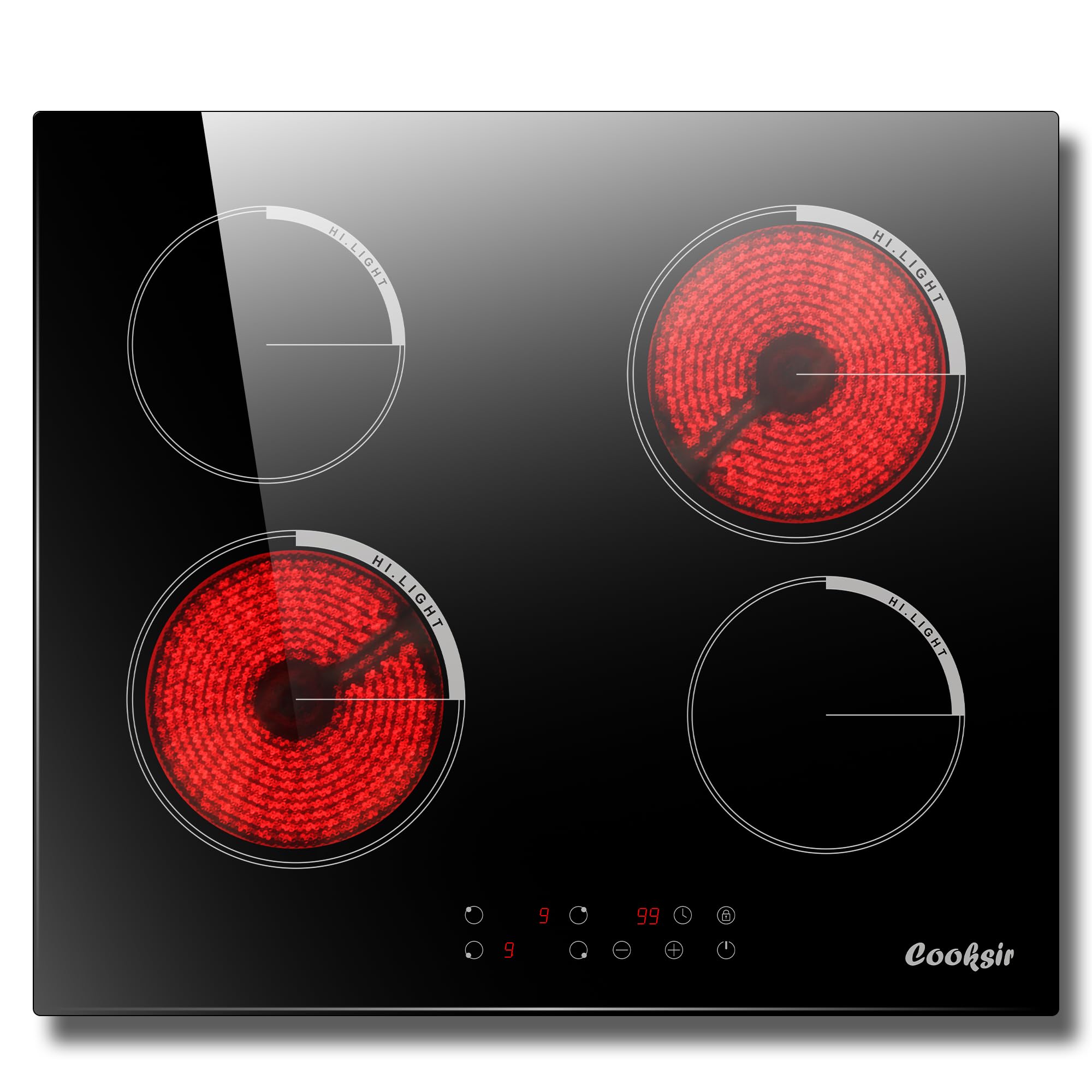 Electric Cooktop 24 Inch, 4 Burner Electric Stove Top Drop-in 220V-240V, 24 Inch large Ceramic Stovetop with Ceramic Glass, Timer, Kids Safety Lock, 9 Heating Level, 220V Hard Wired (No Plug)