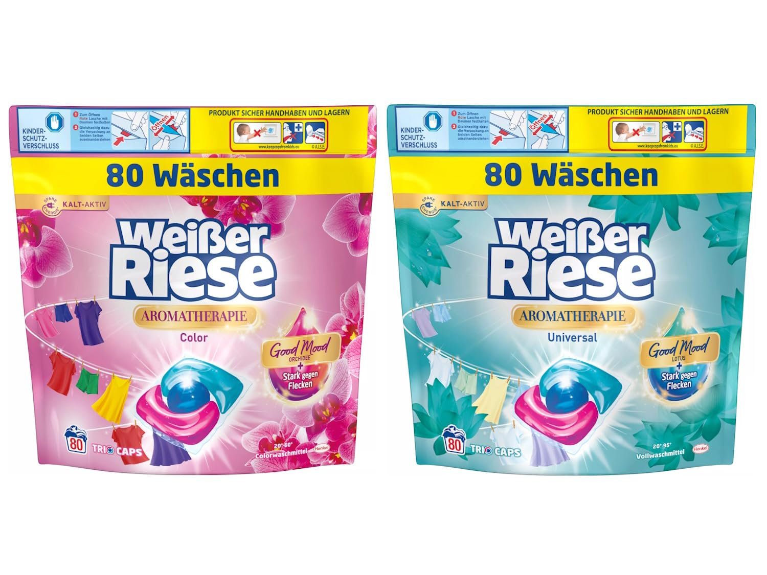 WEISSER RIESE Trio-Caps-Set 2x 80 Waschladungen (160WL) Aromatherapie 1x Color Orchidee & 1x Universal Lotus, mit Good Mood-Duft für unwiderstehlich duftende & strahlend saubere Wäsche