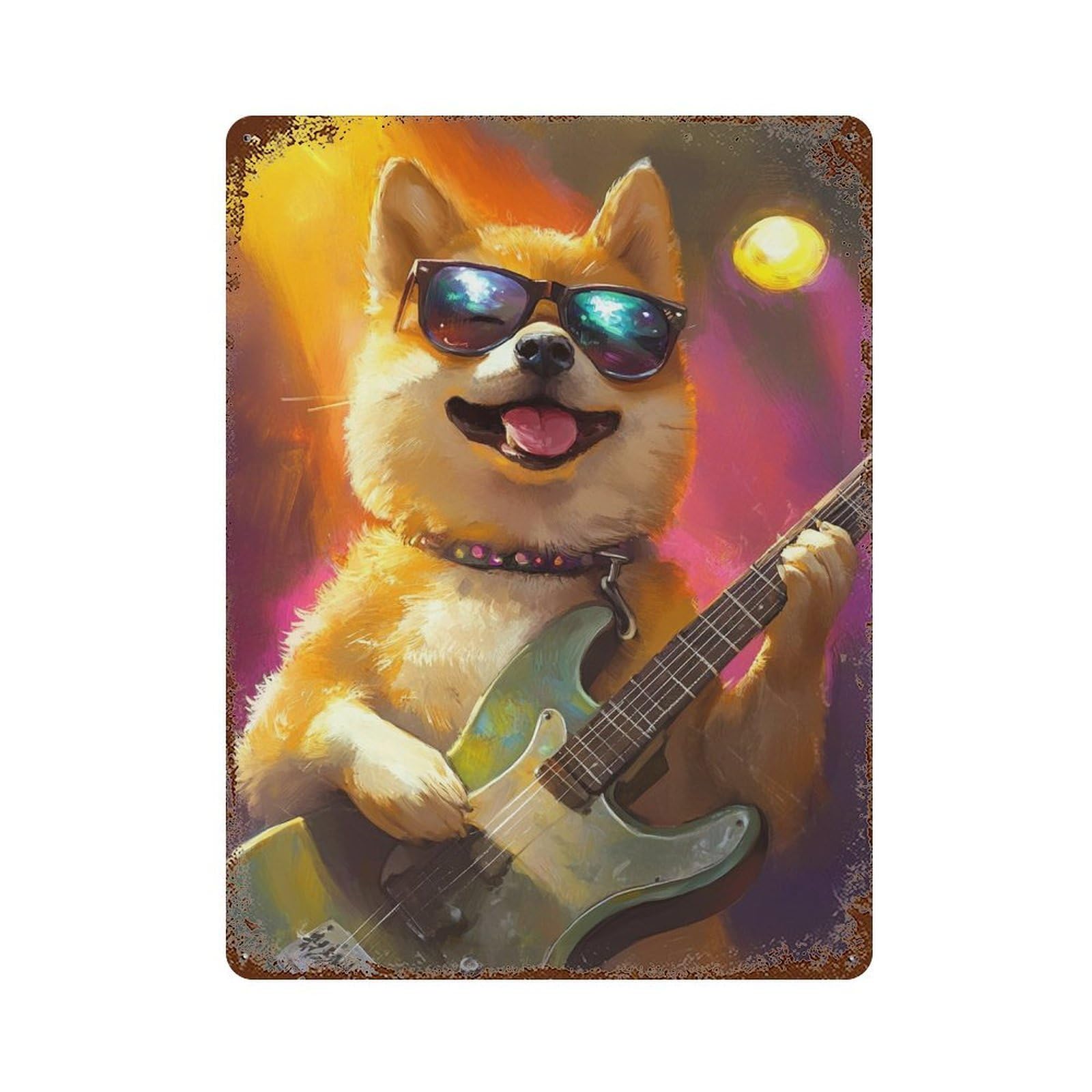 Rock Star Dog Guitarist -2 Weathered Tin Sign 15.7"x11.8", for Basement, Hobby Room And Garage Decor, Rustic Home Decor