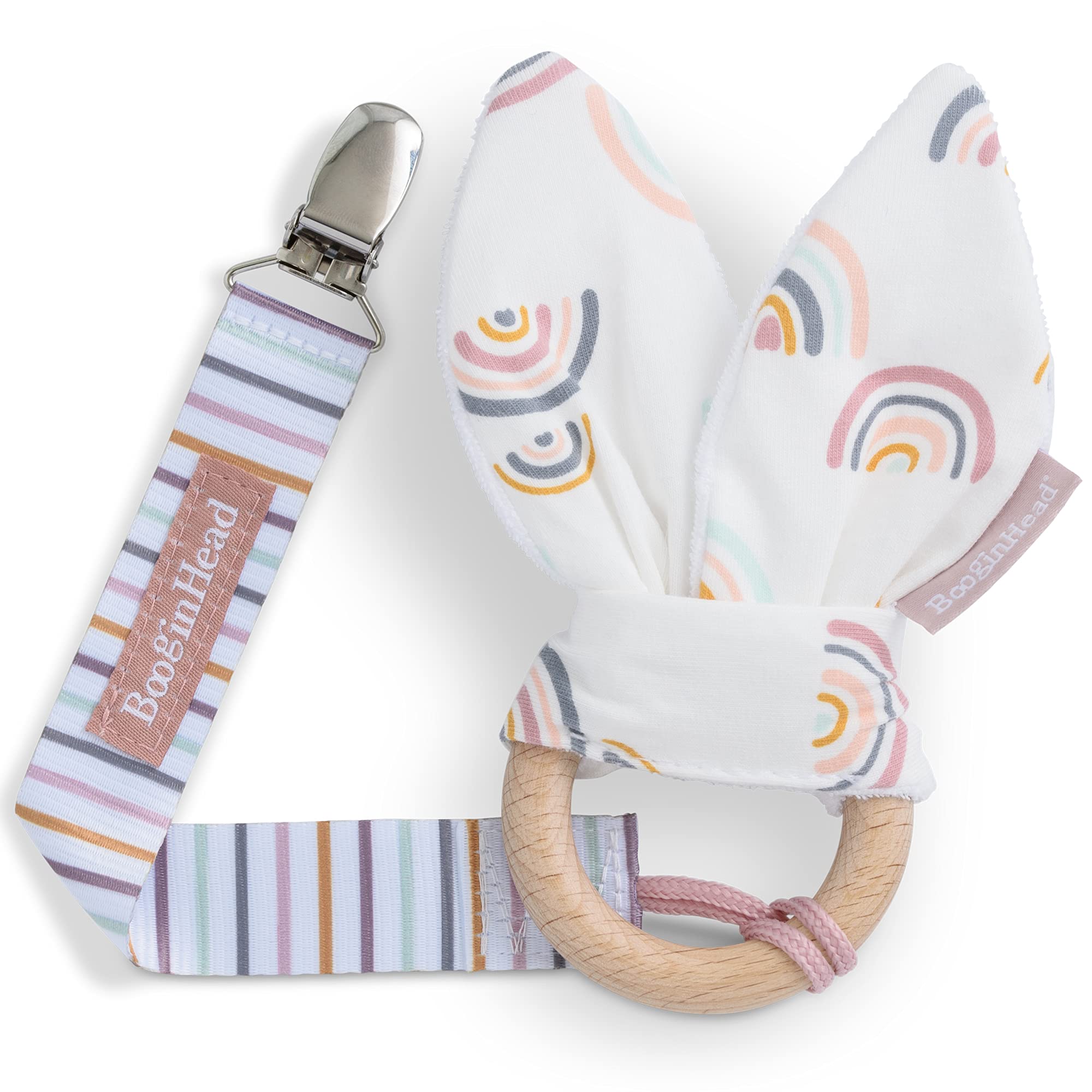 BooginHead Wooden Teethers for Babies, Bunny Ear Teething Ring and Pacifier Clip, Rainbows