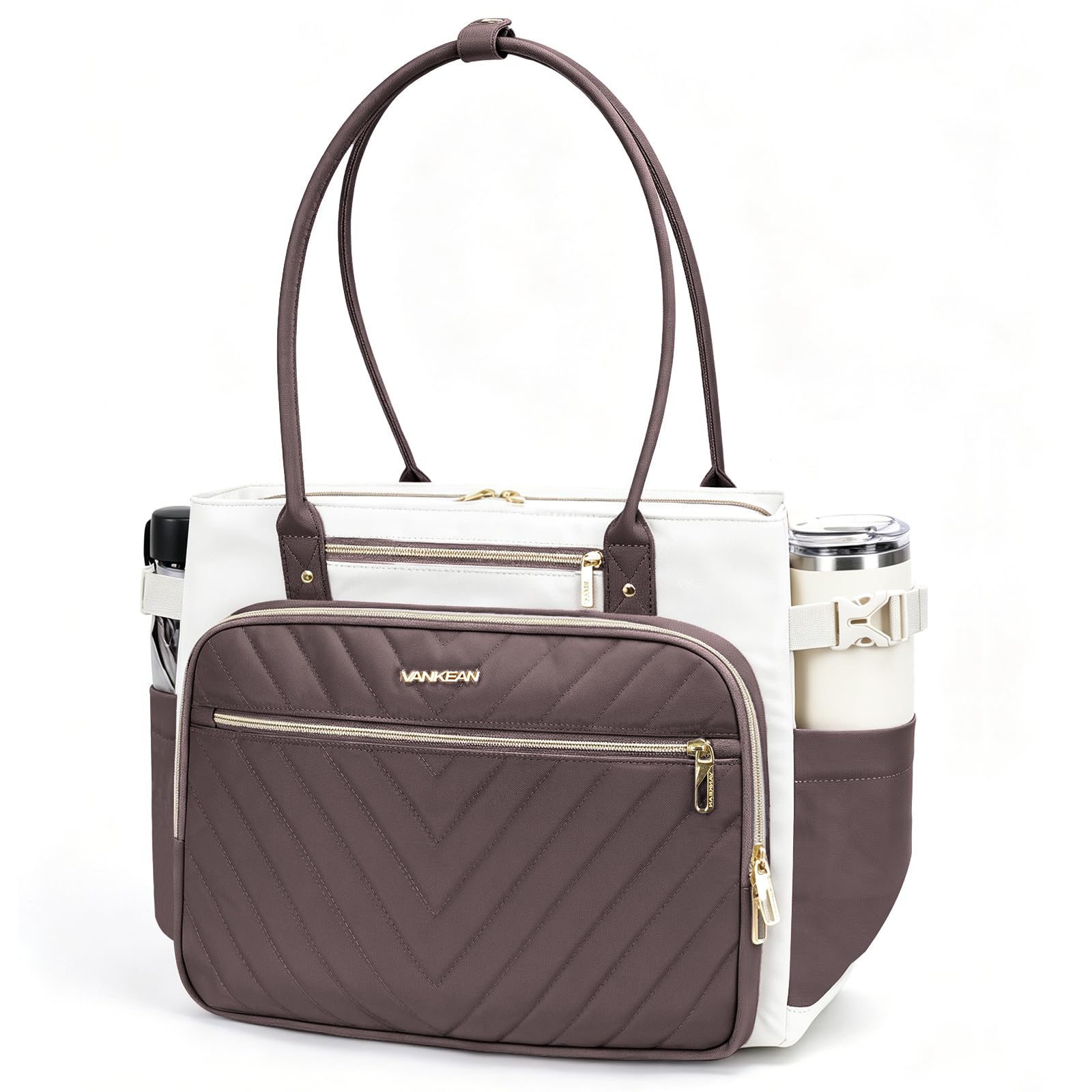 VANKEAN Borsa per computer portatile da donna, 15,6 pollici, borsa da lavoro impermeabile, borsa a tracolla per computer, borsa grande per lavoro, viaggi d'affari, beige/caffè