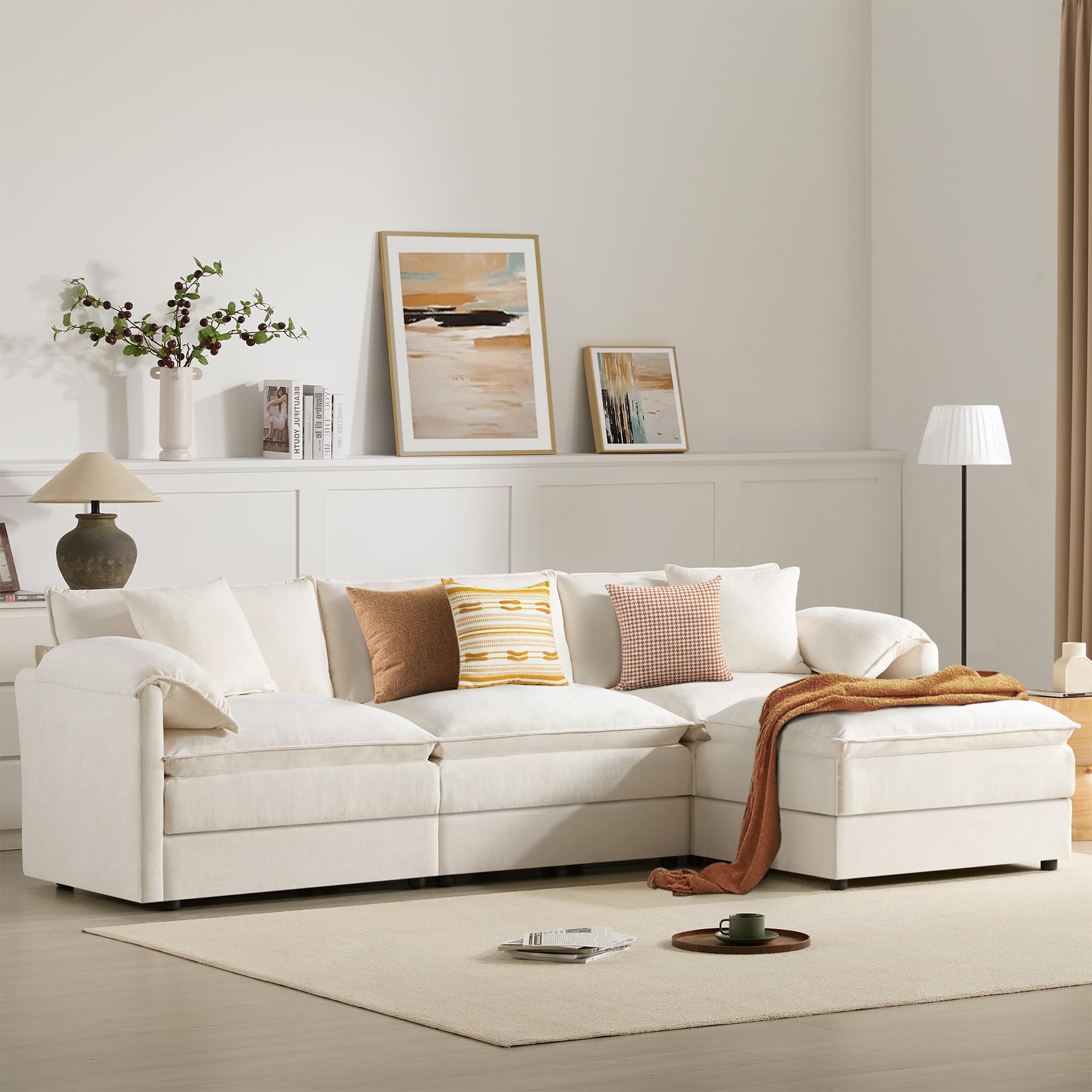 EYATZO 103.5" L Shaped Modern Cloud Sofa Modular Sectional Couch with Ottoman, 4-Seat Chenille Deep Seat Sofa with Pillow for Living Room, Bedroom and