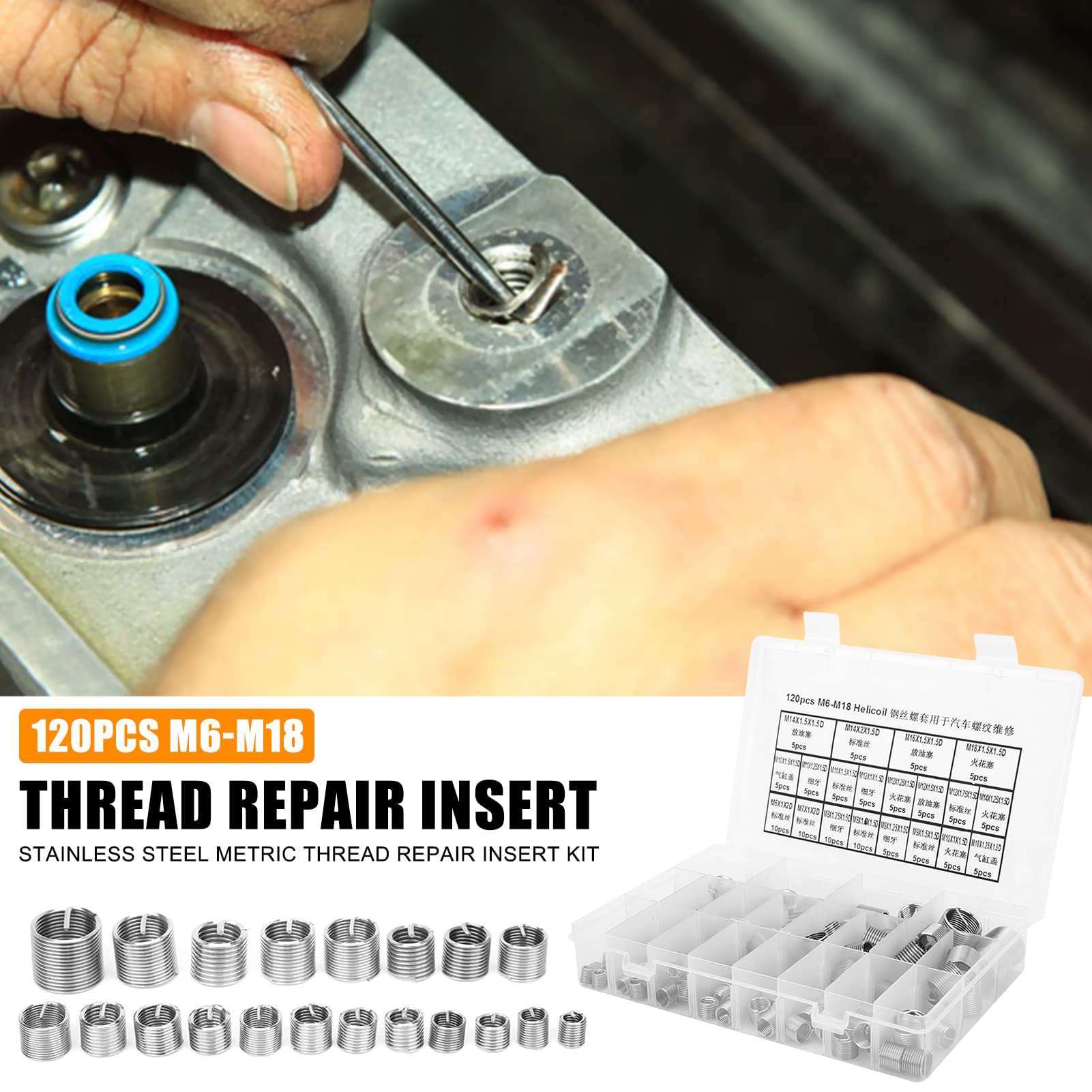 120 piezas Helicoils, M6 M7 M8 M9 M10 M11 M12 M14 M16 M18 Helicoil de acero inoxidable Tipo Free Running Wire Thread Kit de inserción de reparación de rosca métrica