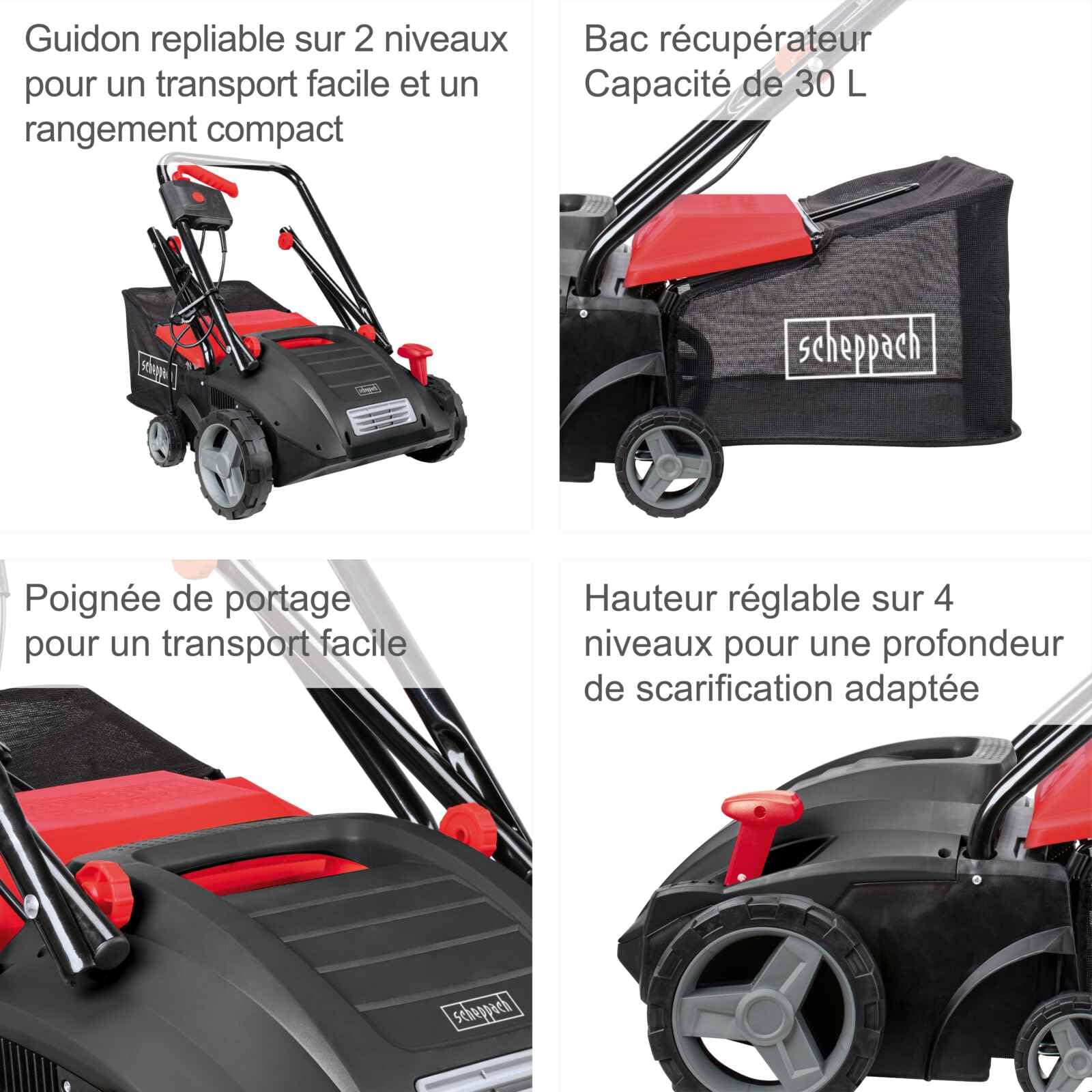 Scheppach Scarificateur électrique SC32 | 1500W | Largeur de coupe 32cm | Bac 30 L | Réglage en hauteur 4 positions/jusqu'à 4mm | Arbre de scarification (16lames) et d'aération (20griffes) inclus