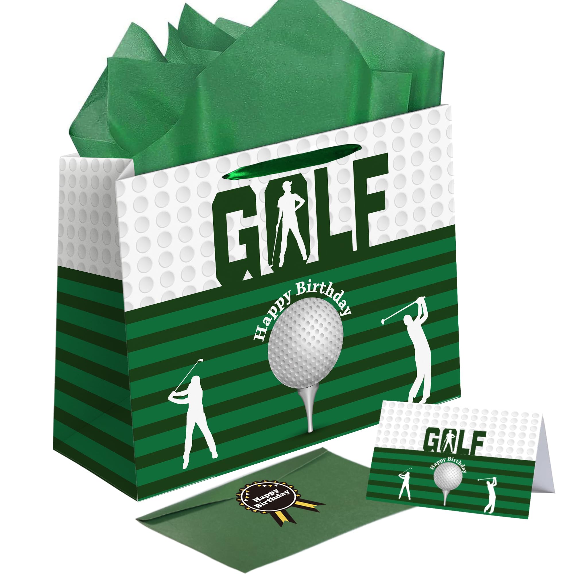 Sumerk 13" Golf Birthday Gift Bag with Tissue Papers and Greeting Card, Envelope and Stickers - Golf Theme Birthday Gifts Wrapping Bag for Men and Women