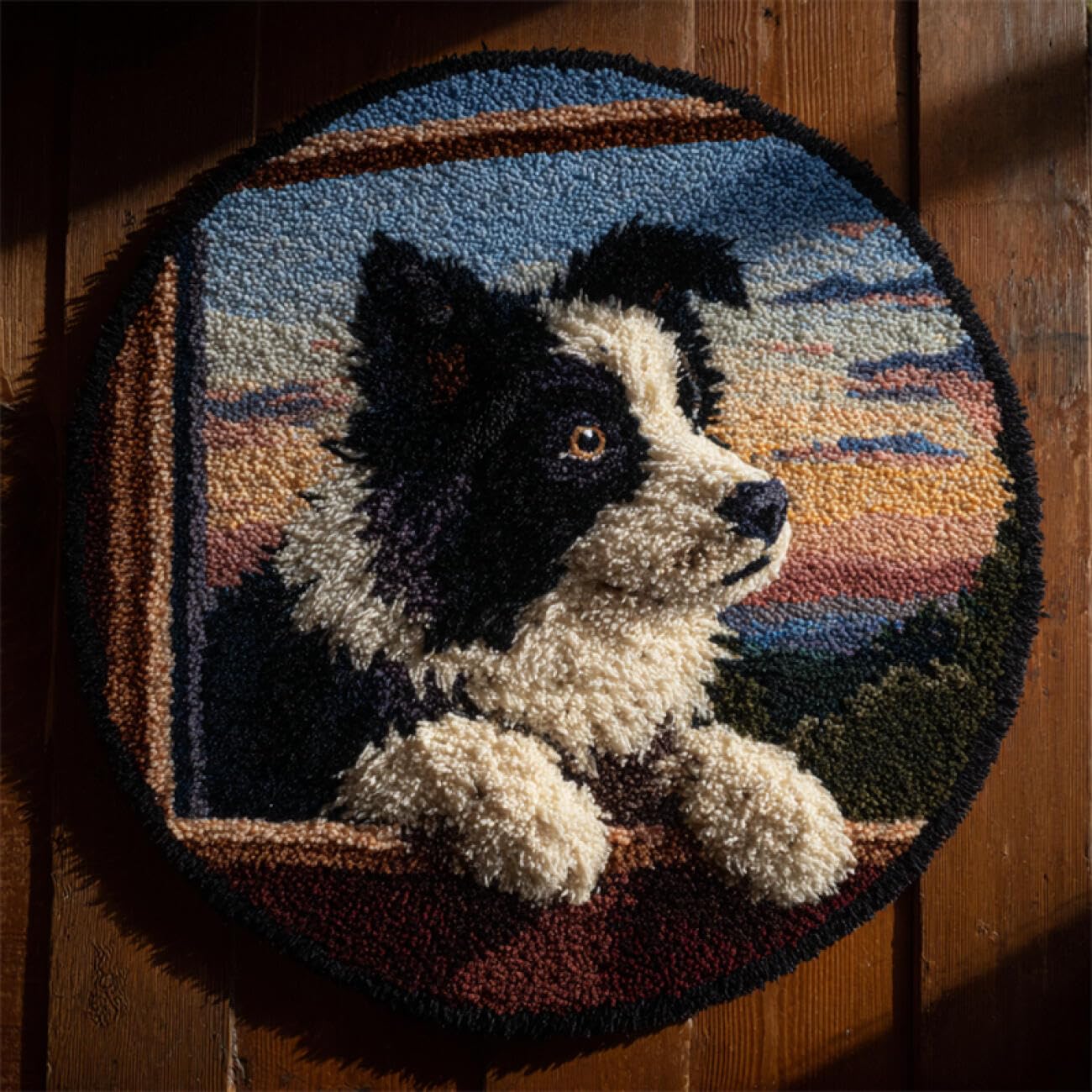 Kitquiver Dog Animal Latch Hook Craft Kits Cartoon Border Collie DIY Crochet Kits Needlework Crafts for Home Decor，Latch Hook Kits for Beginners Adults 50x50cm