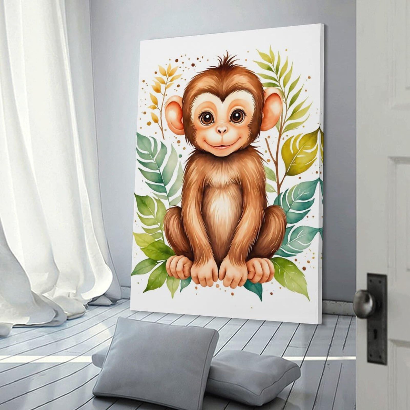 Junmoney Frame-Style-18 Wall Art Print Cute Monkey Watercolor, 08X12inch(20X30cm), For Picture Wall Styling In Lounge Or Bedroom, Wall Decor Suited To Curated Displays